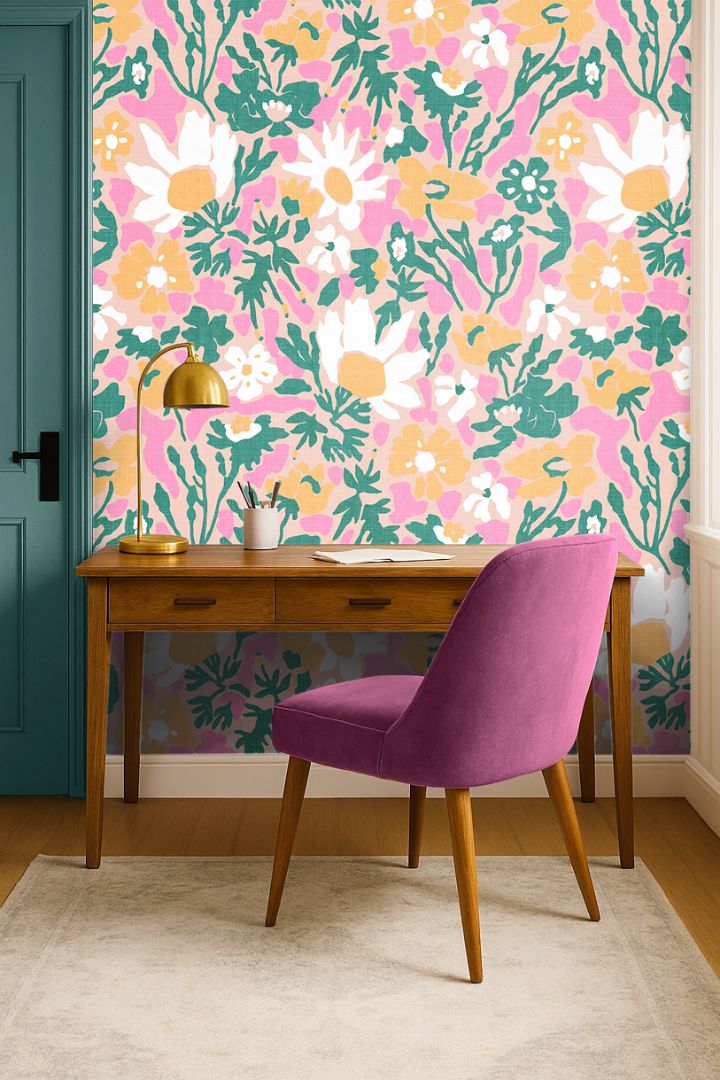 Bloomscatter Wallpaper – 2214 installed in a home office with colorful floral wallpaper on the wall
