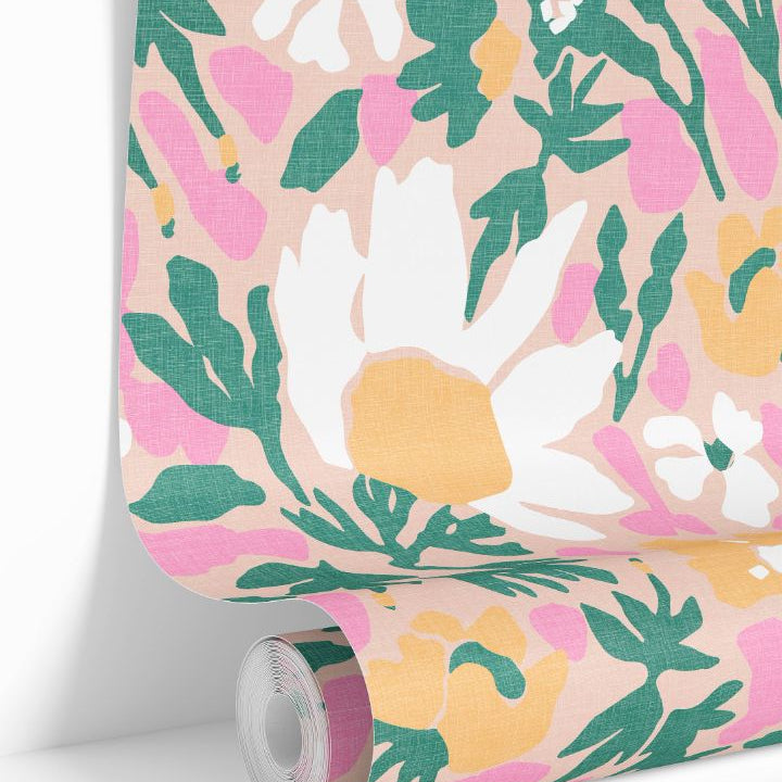 Bloomscatter Wallpaper – 2214 roll showing blush background with pink, marigold, and teal floral pattern