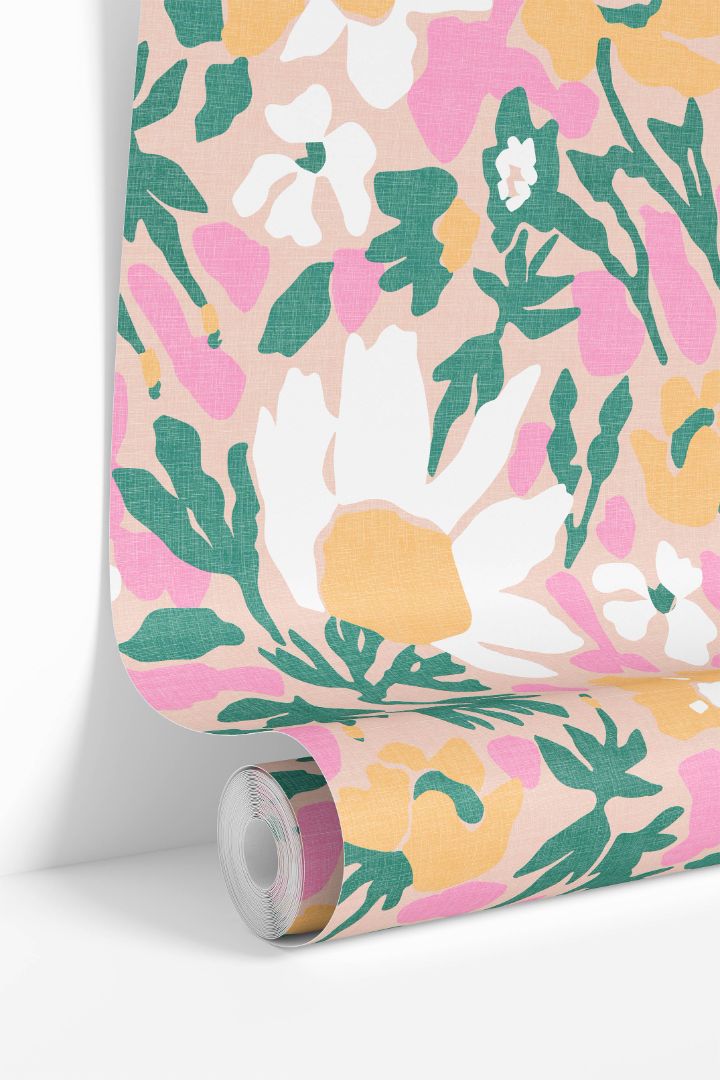 Bloomscatter Wallpaper – 2214 roll showing blush background with pink, marigold, and teal floral pattern