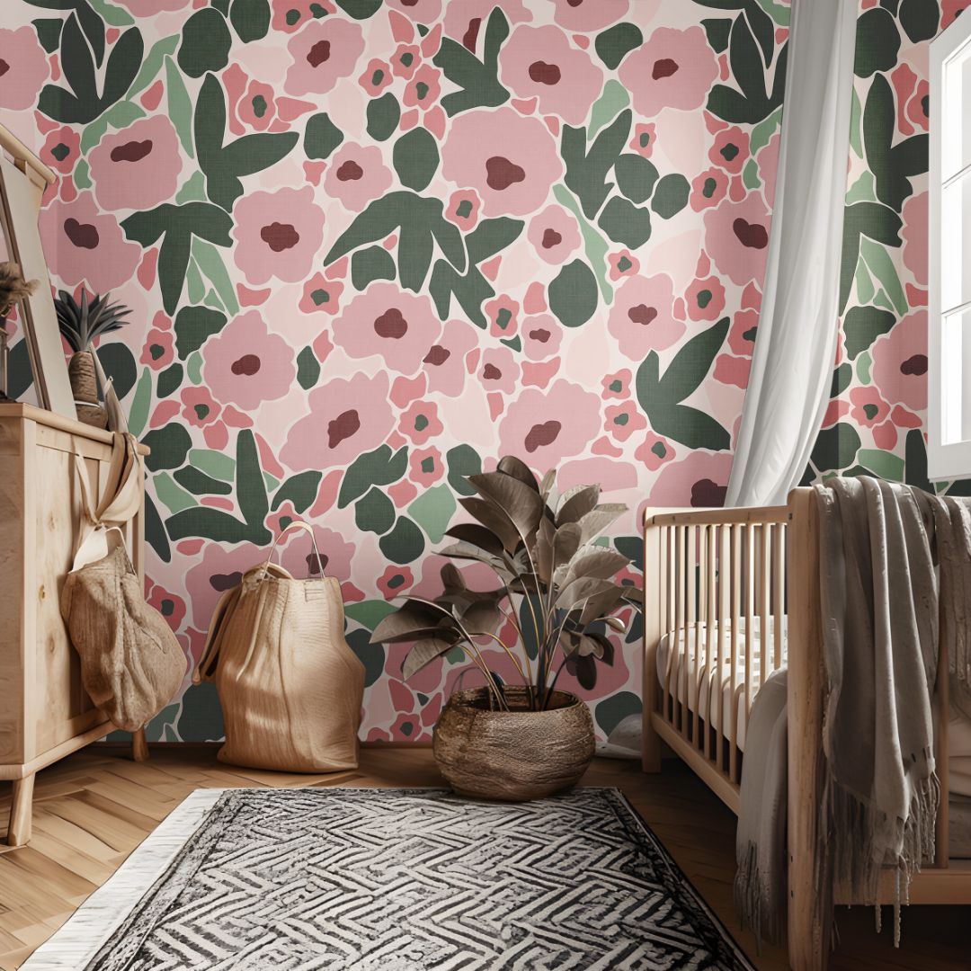 Blossom Nook Wallpaper creating a warm and inviting nursery with blush pink florals and sage leaves.
