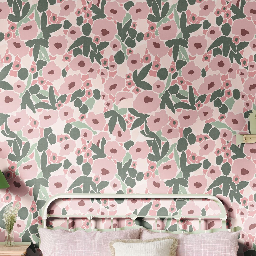 Blossom Nook Wallpaper creating a warm and inviting nursery with blush pink florals and sage leaves.