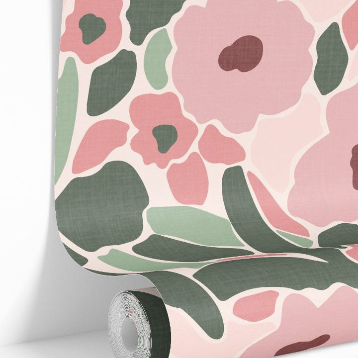 Roll of Blossom Nook Wallpaper showing blush pink and sage green floral pattern on soft cream background.