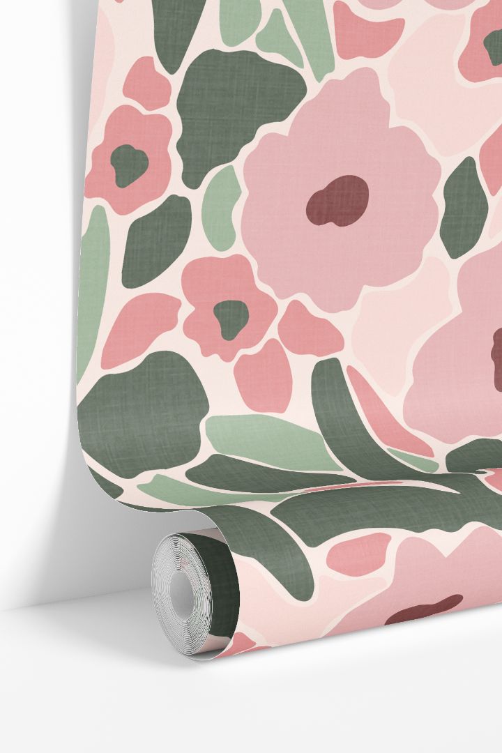 Roll of Blossom Nook Wallpaper showing blush pink and sage green floral pattern on soft cream background.