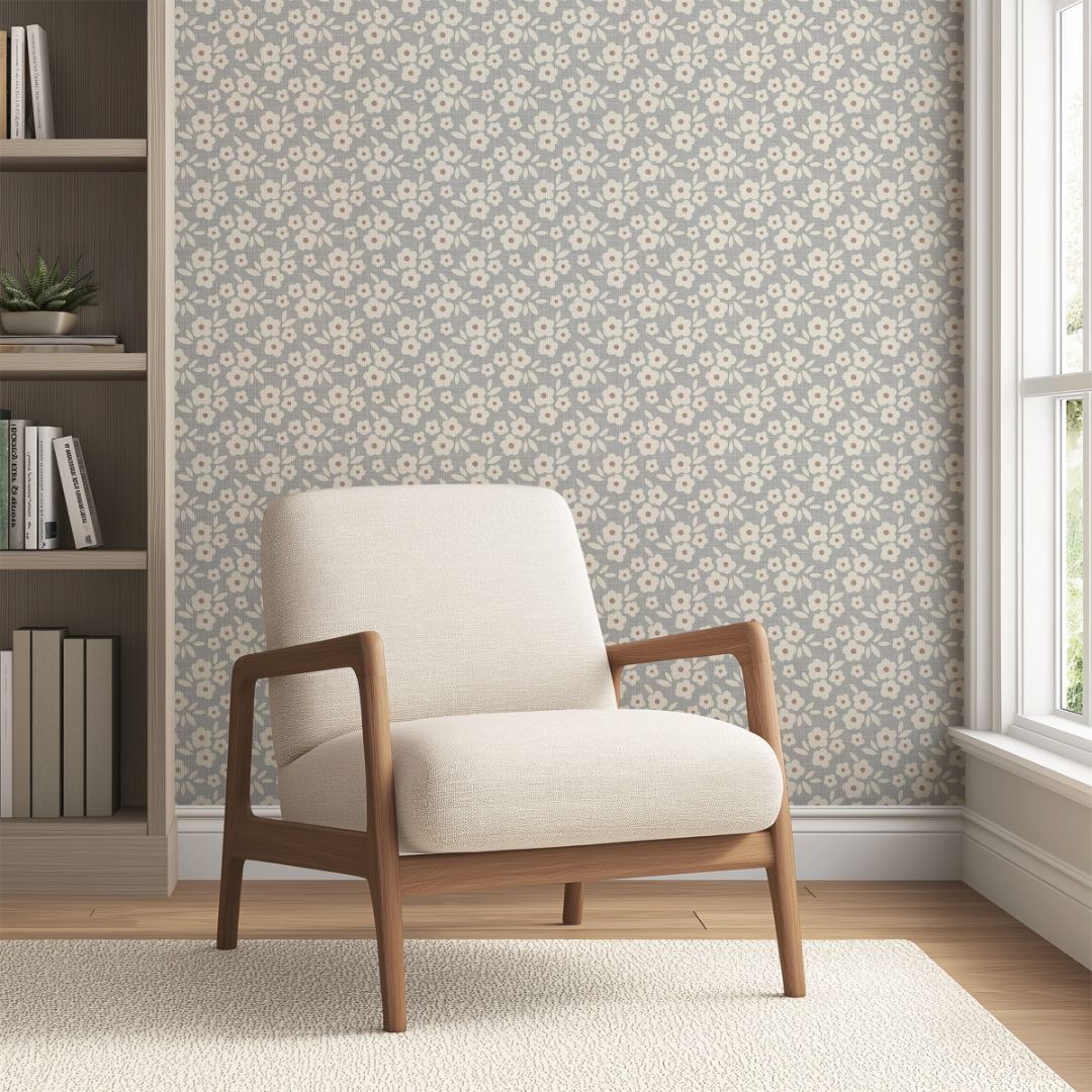 bluebell haven floral wallpaper in bright reading corner with cream armchair and wood floors