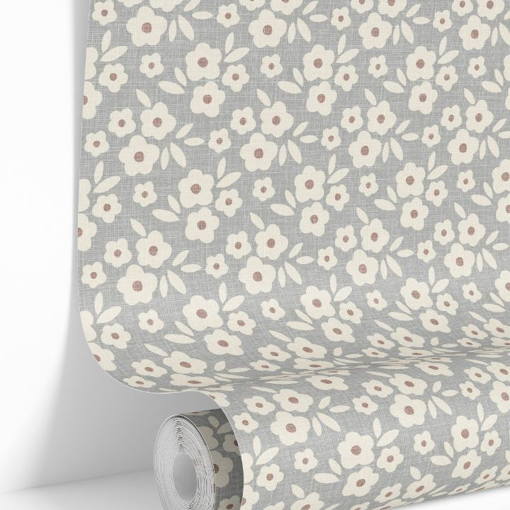 bluebell haven floral wallpaper roll in soft blue grey with cream flowers and clay accents