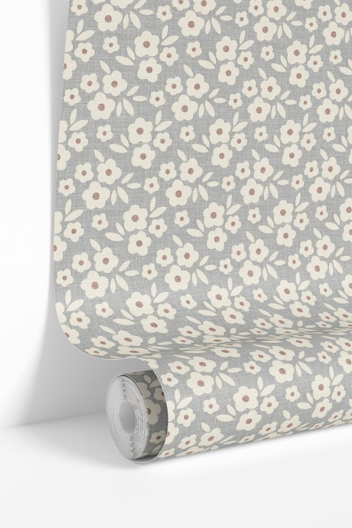 bluebell haven floral wallpaper roll in soft blue grey with cream flowers and clay accents