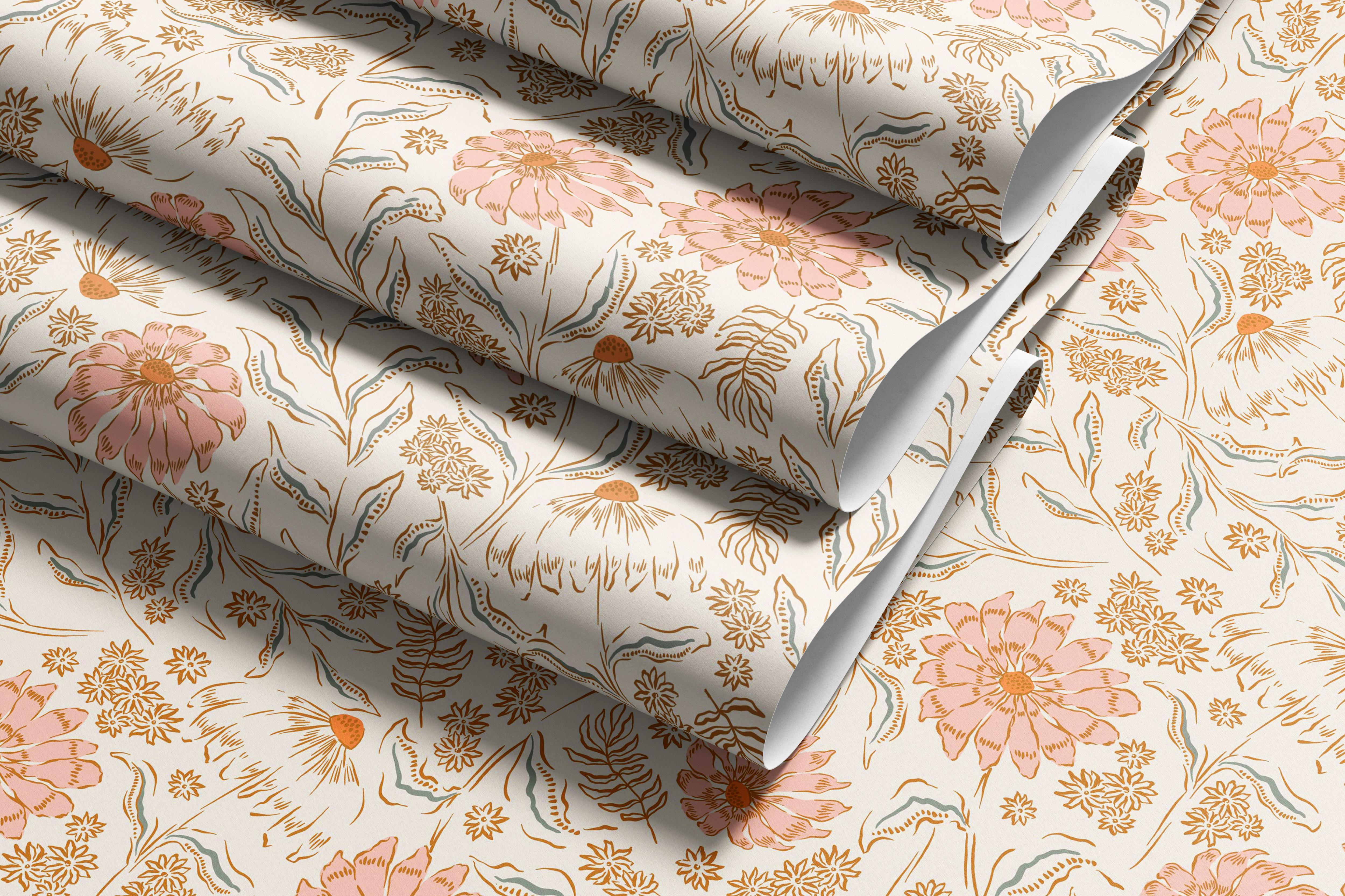 Blush Bloom Meadow contact paper with muted pink florals and leafy botanicals