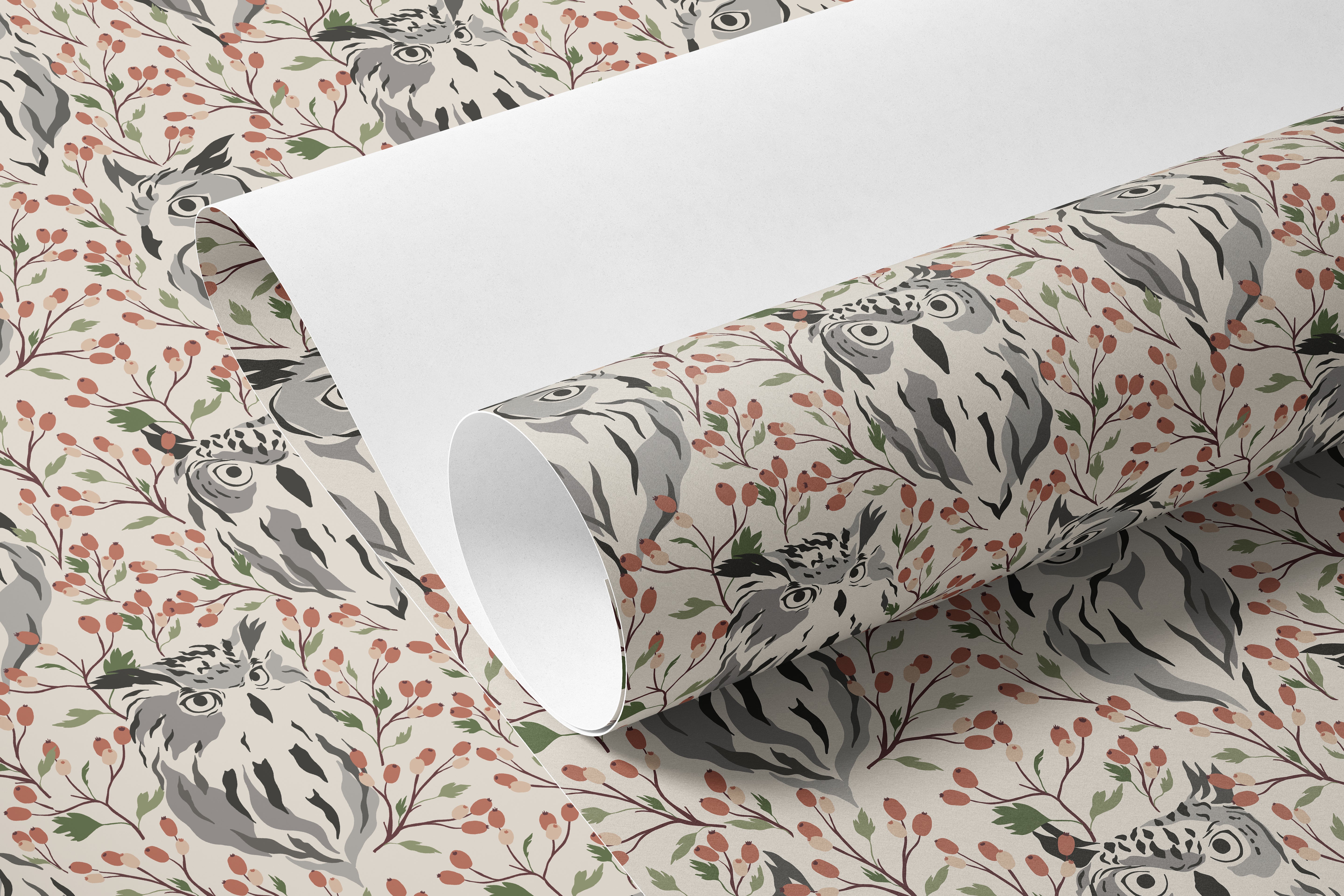 Close-up of rolled boho owl contact paper showing gray woodland owls among rust berries and green botanical foliage.