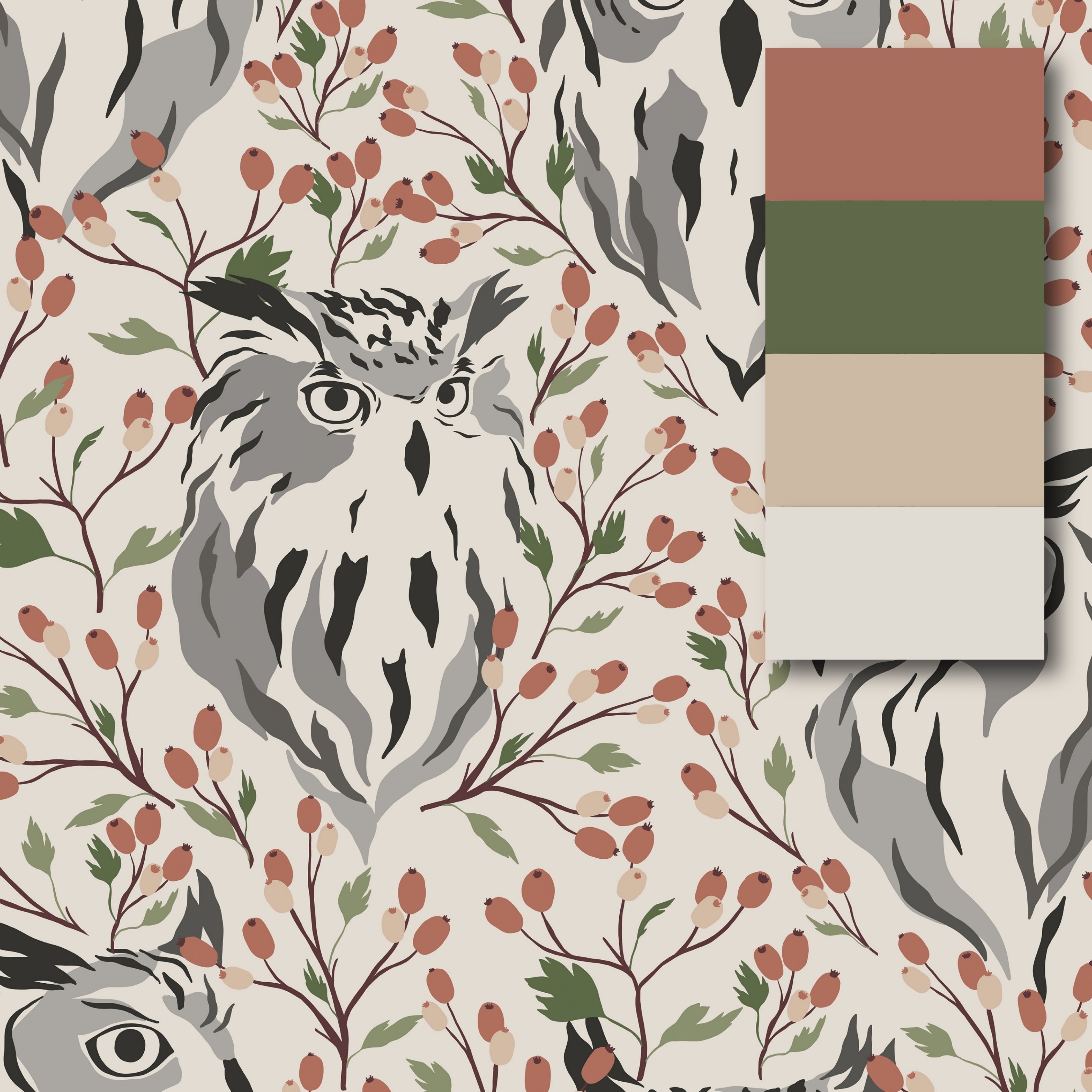 Boho owl contact paper pattern with gray owls, rust berries, green leaves and a coordinating neutral color palette