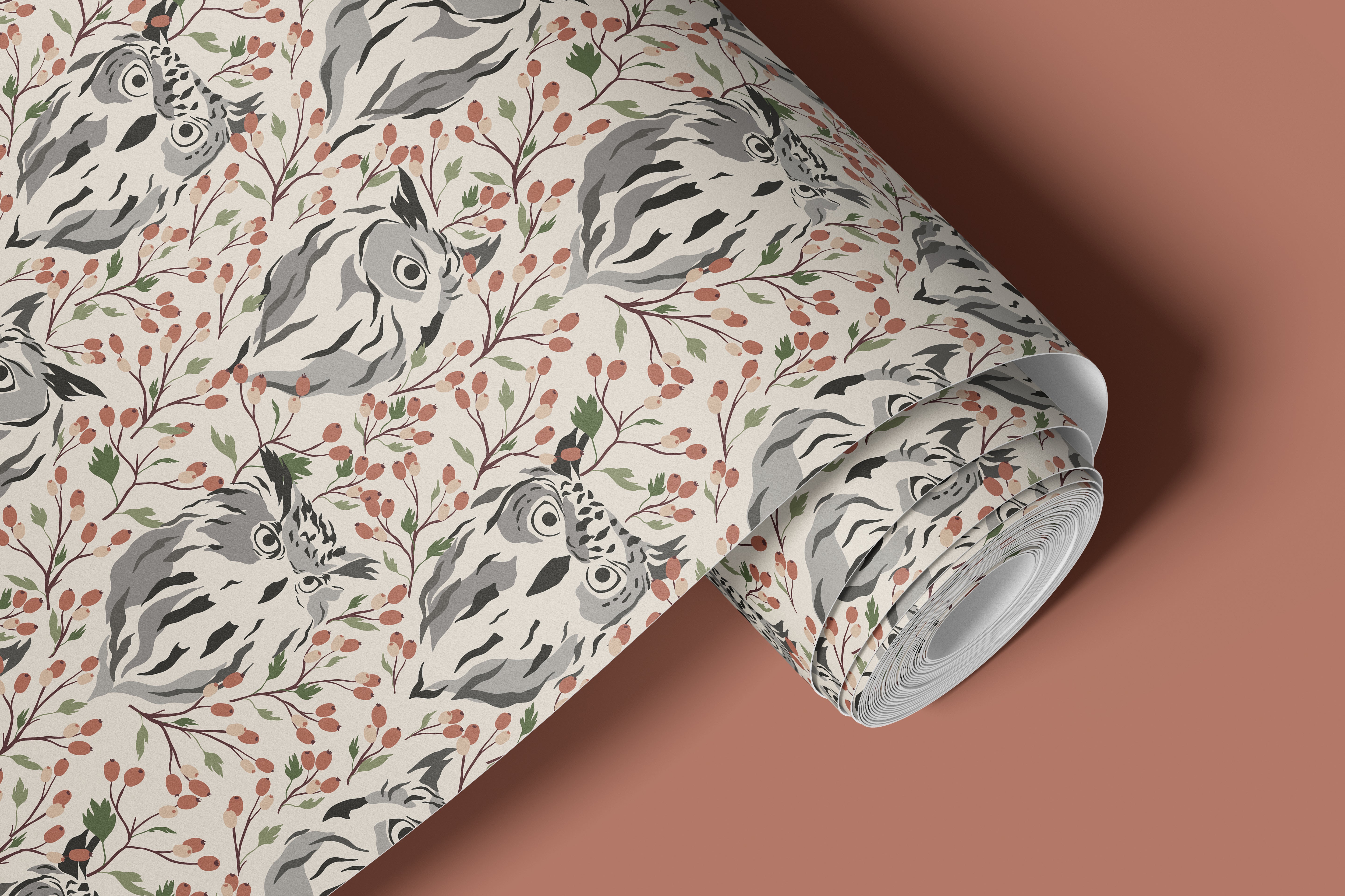 Roll of peel and stick contact paper featuring gray owls, rust berries and leafy branches on a soft cream background.