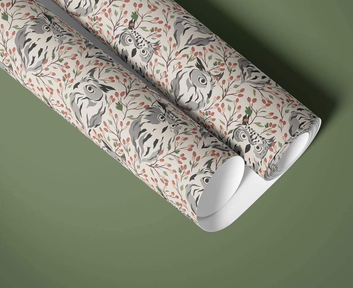 rolls of owl-patterned self-
adhesive shelf liner with gray
birds, muted green leaves and
warm rust berries.