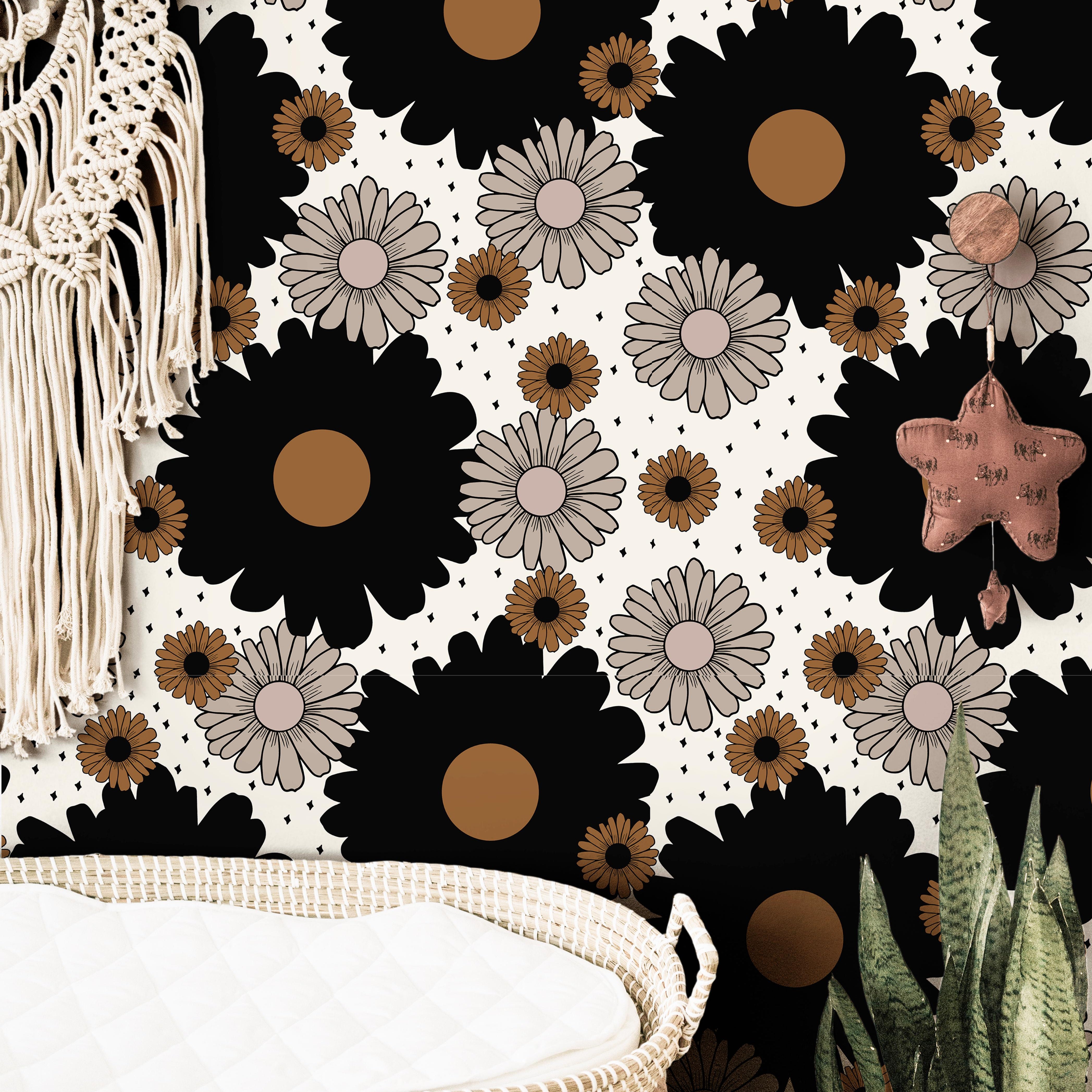 retro floral wallpaper with black and rust flowers 381