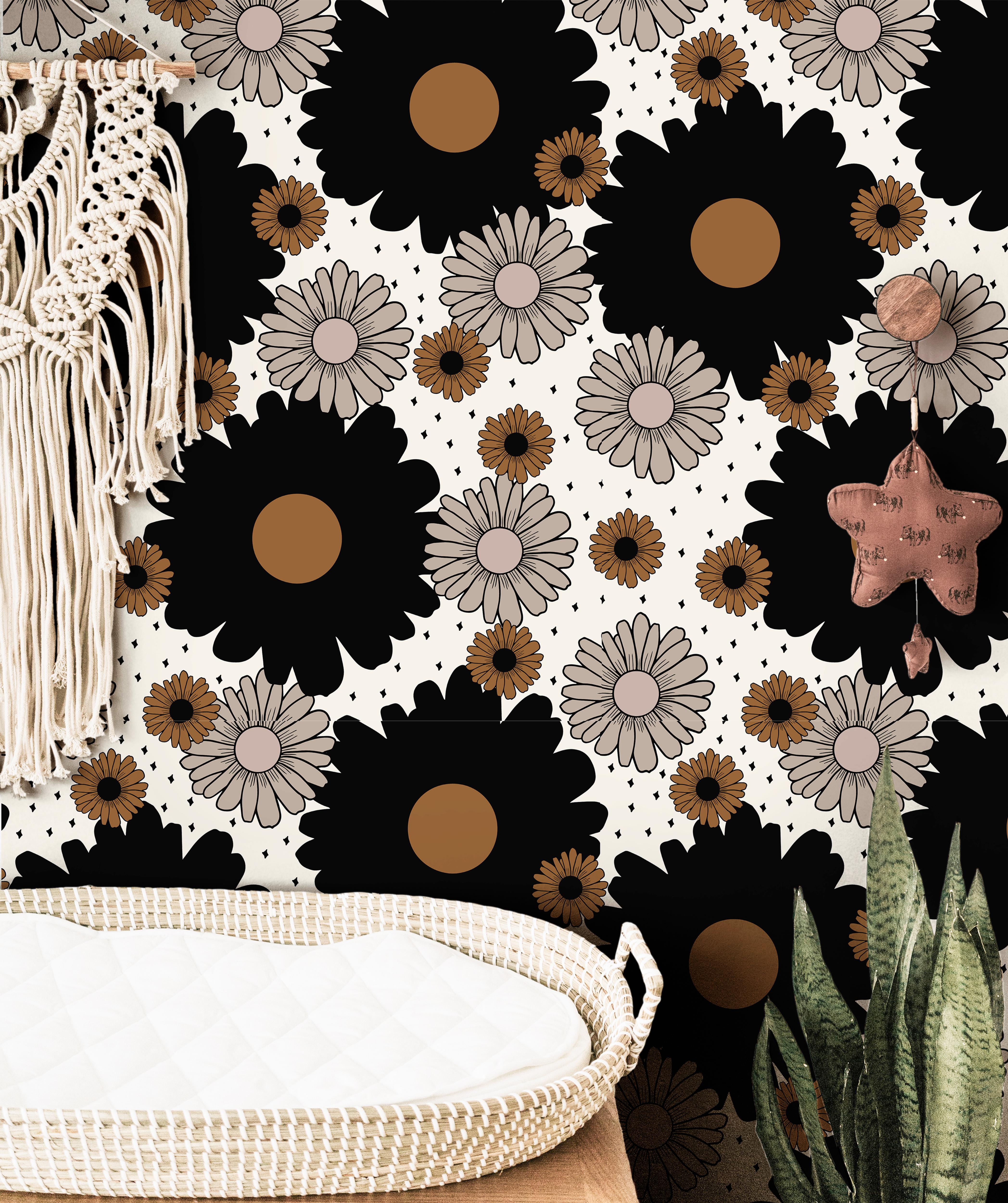 retro floral wallpaper with black and rust flowers 381