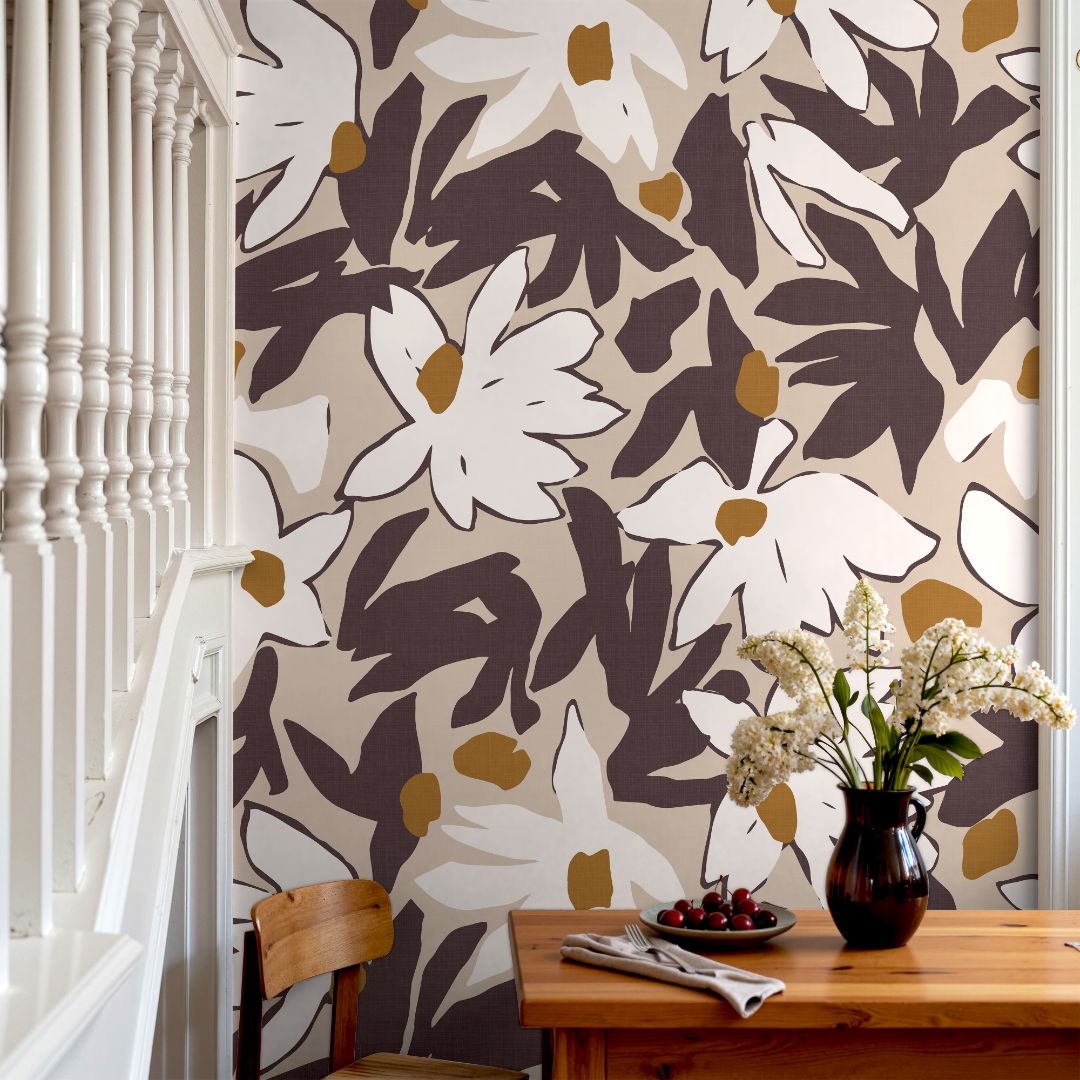 Detail view of Bordeaux Bloom wallpaper highlighting graphic floral shapes and deep tonal contrast