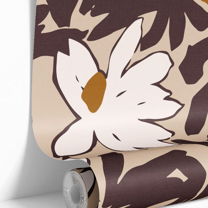 Bordeaux Bloom wallpaper roll showing oversized cream florals on a burgundy background