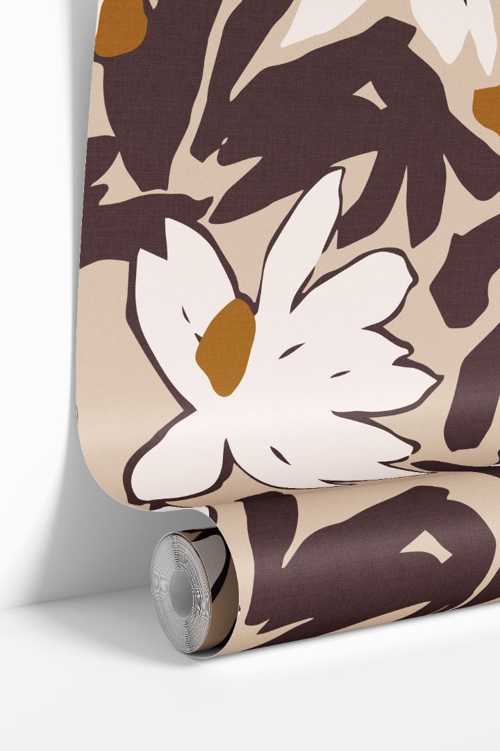 Bordeaux Bloom wallpaper roll showing oversized cream florals on a burgundy background