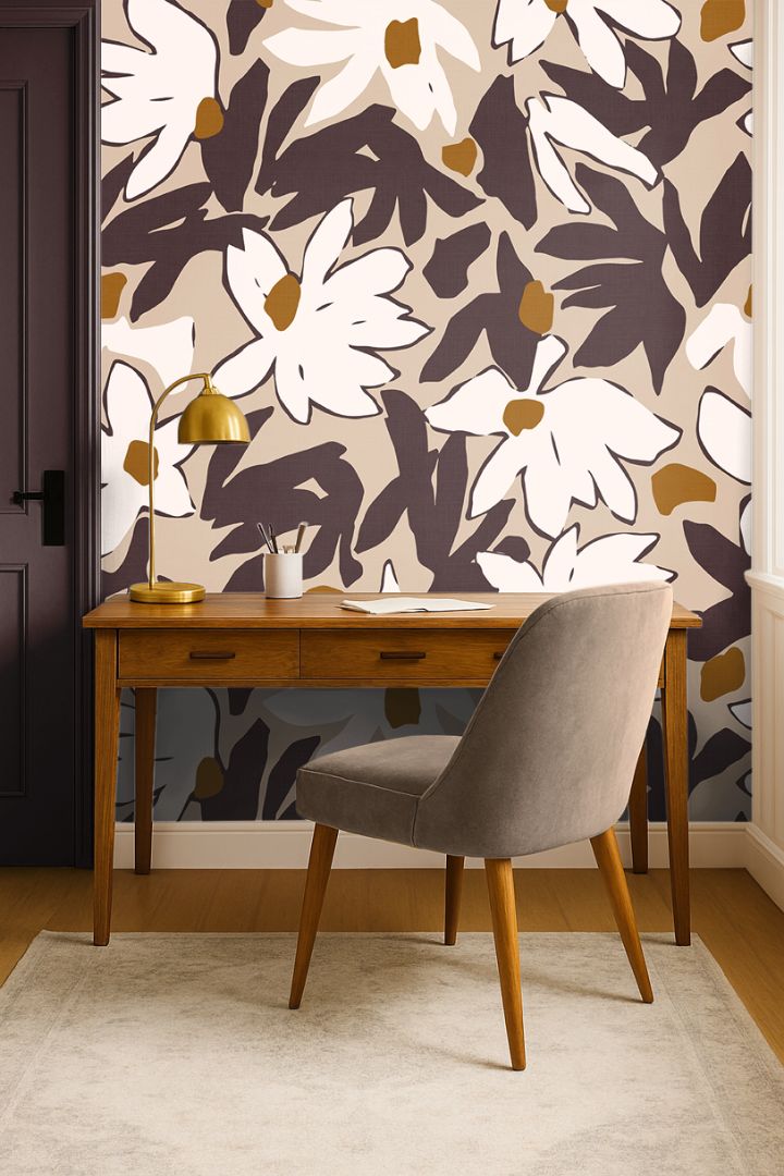 Bordeaux Bloom floral wallpaper installed on a full wall showing cream oversized blooms on a deep burgundy background