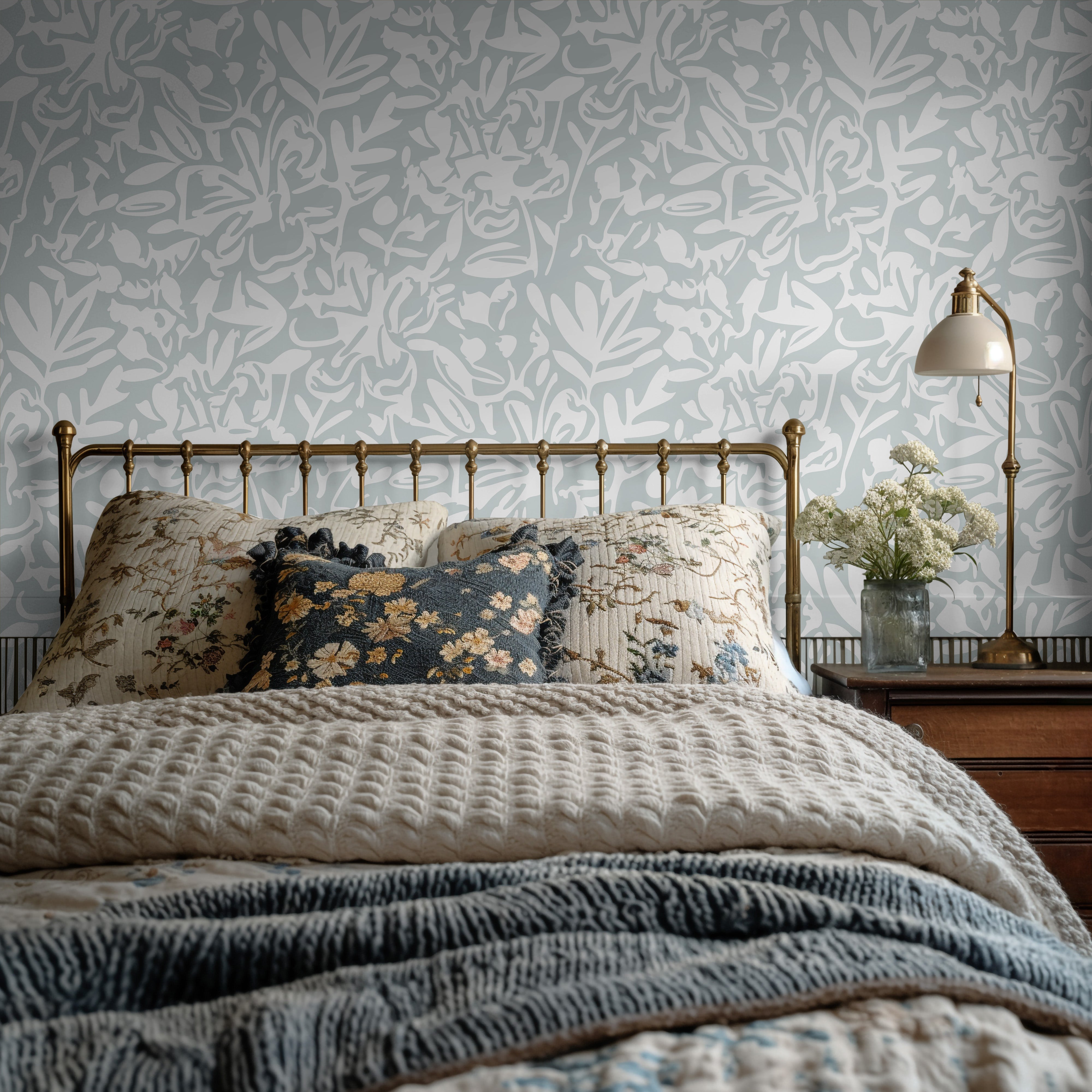 organic gray sage wallpaper in serene bedroom
