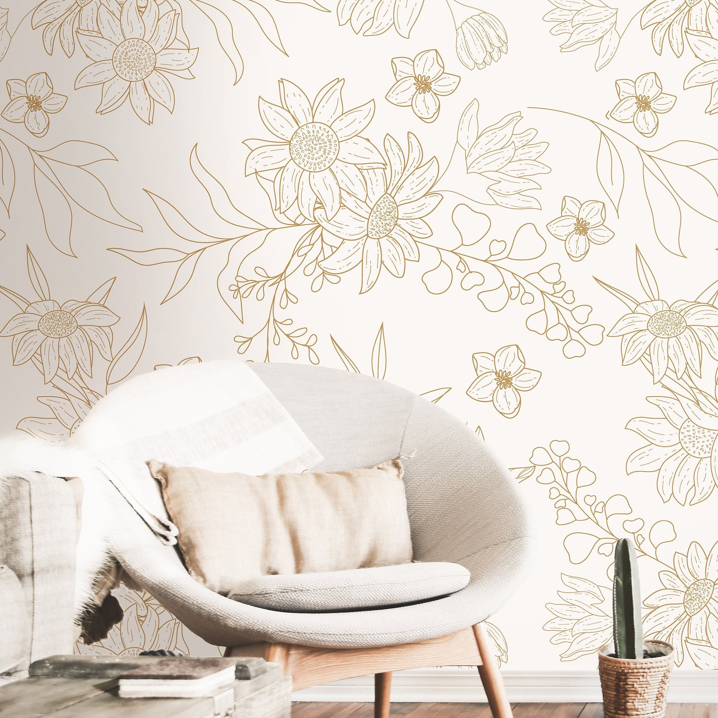 neutral floral wallpaper with amber linework 45

