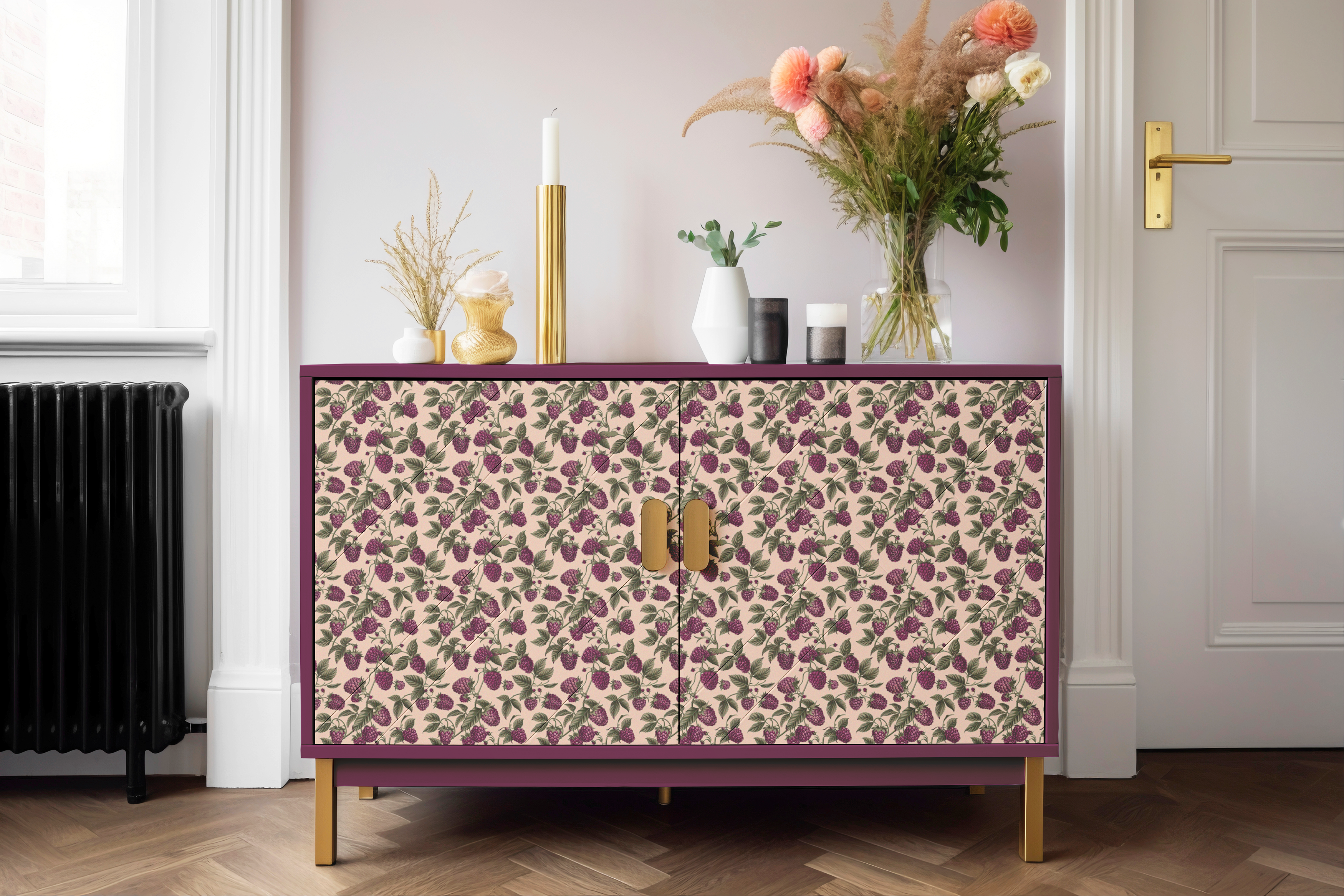 purple blackberry botanical contact paper on credenza