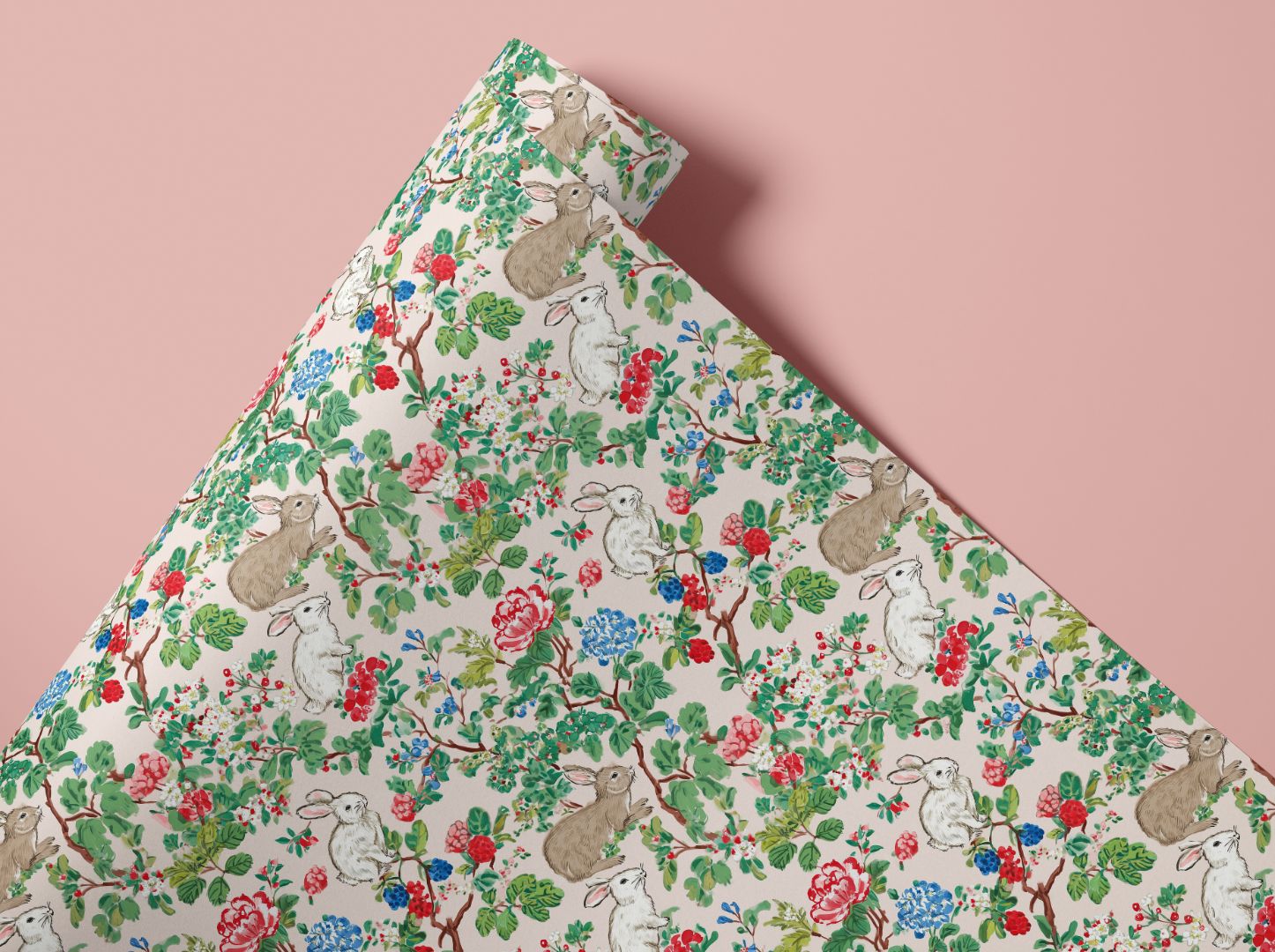 Bramblerose Manor botanical rabbit contact paper with vintage florals and greenery in an elegant heritage design