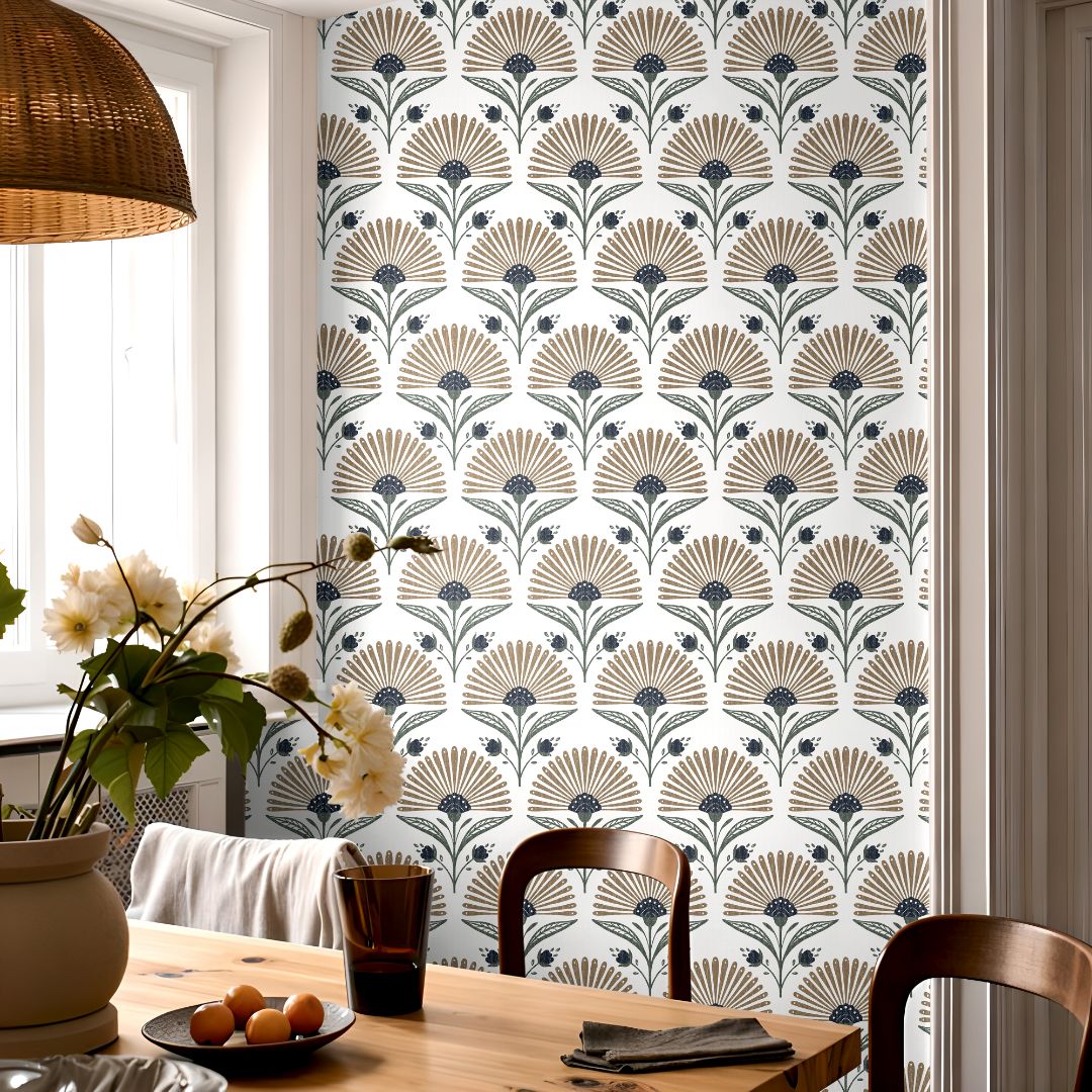 Dining room featuring Bronzed Fan botanical wallpaper with bronzed fan shaped florals, indigo accents, and green stems on a soft neutral background.