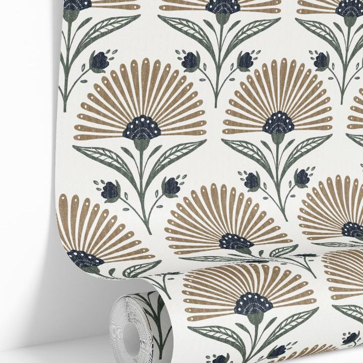 Wallpaper roll displaying Bronzed Fan botanical wallpaper pattern with bronzed fan shaped florals and indigo accents.