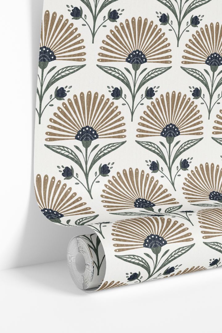 Wallpaper roll displaying Bronzed Fan botanical wallpaper pattern with bronzed fan shaped florals and indigo accents.