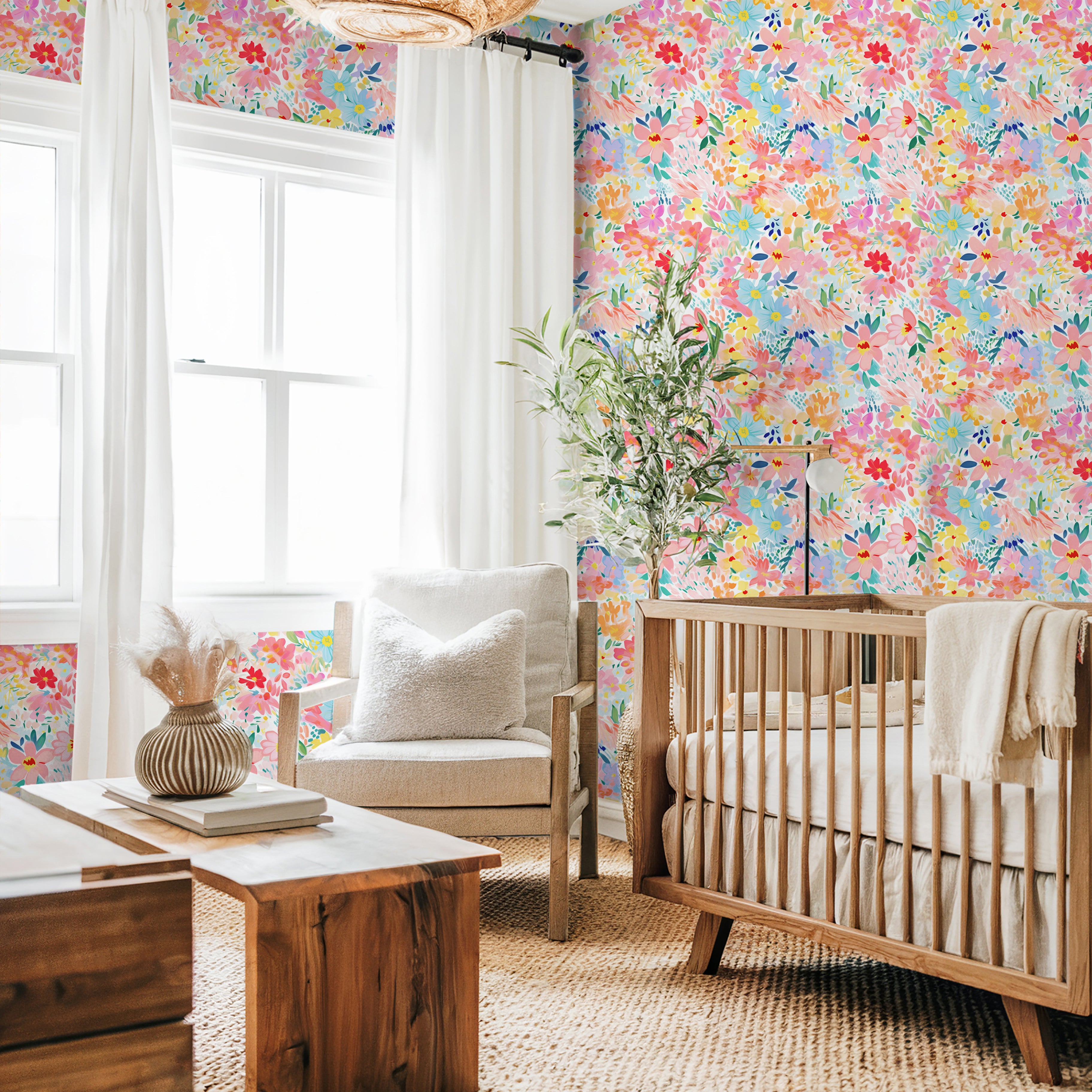 Whimsical botanical wallpaper featuring layered painterly floral details in soft pastel tones.

