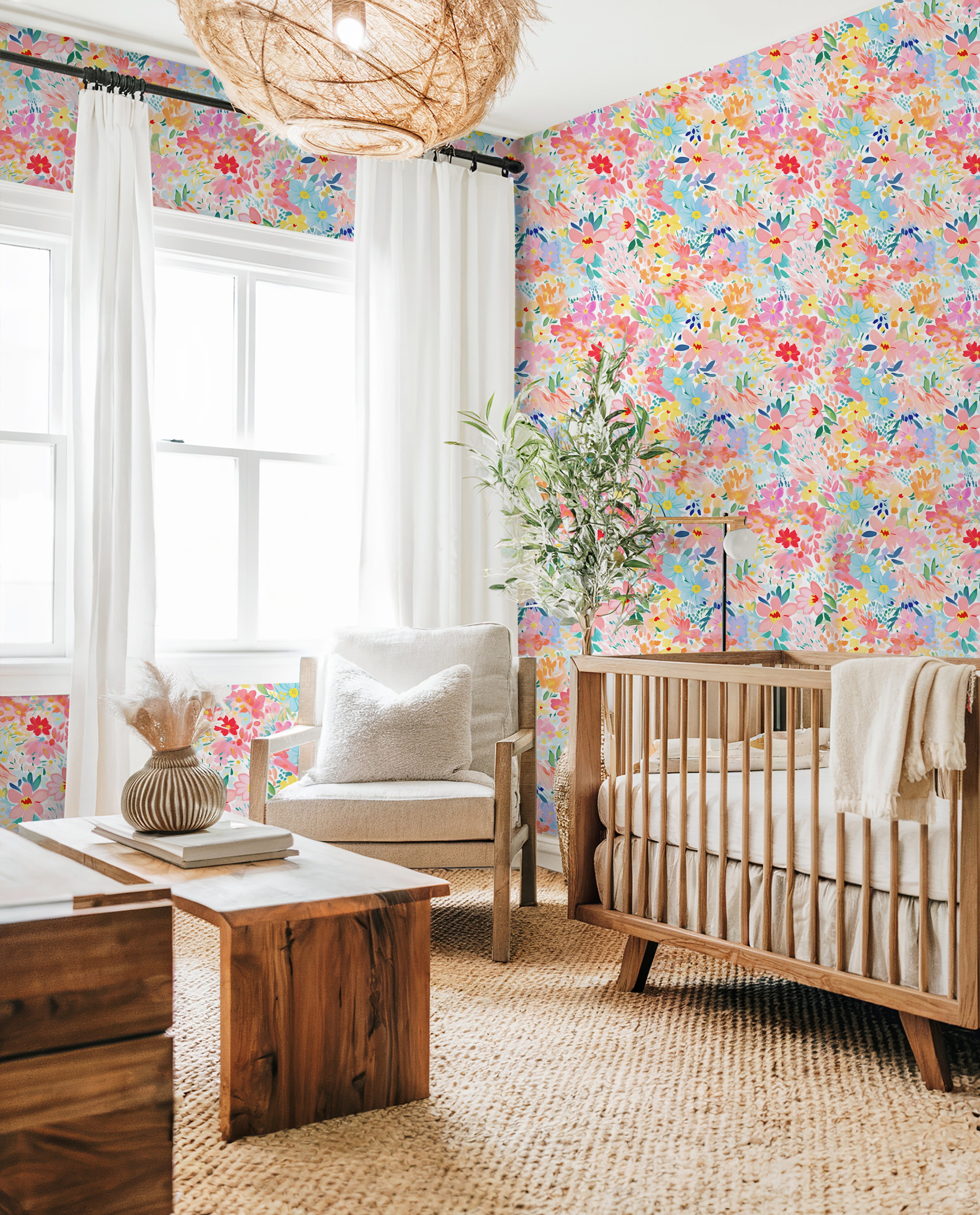 Whimsical botanical wallpaper featuring layered painterly floral details in soft pastel tones.
