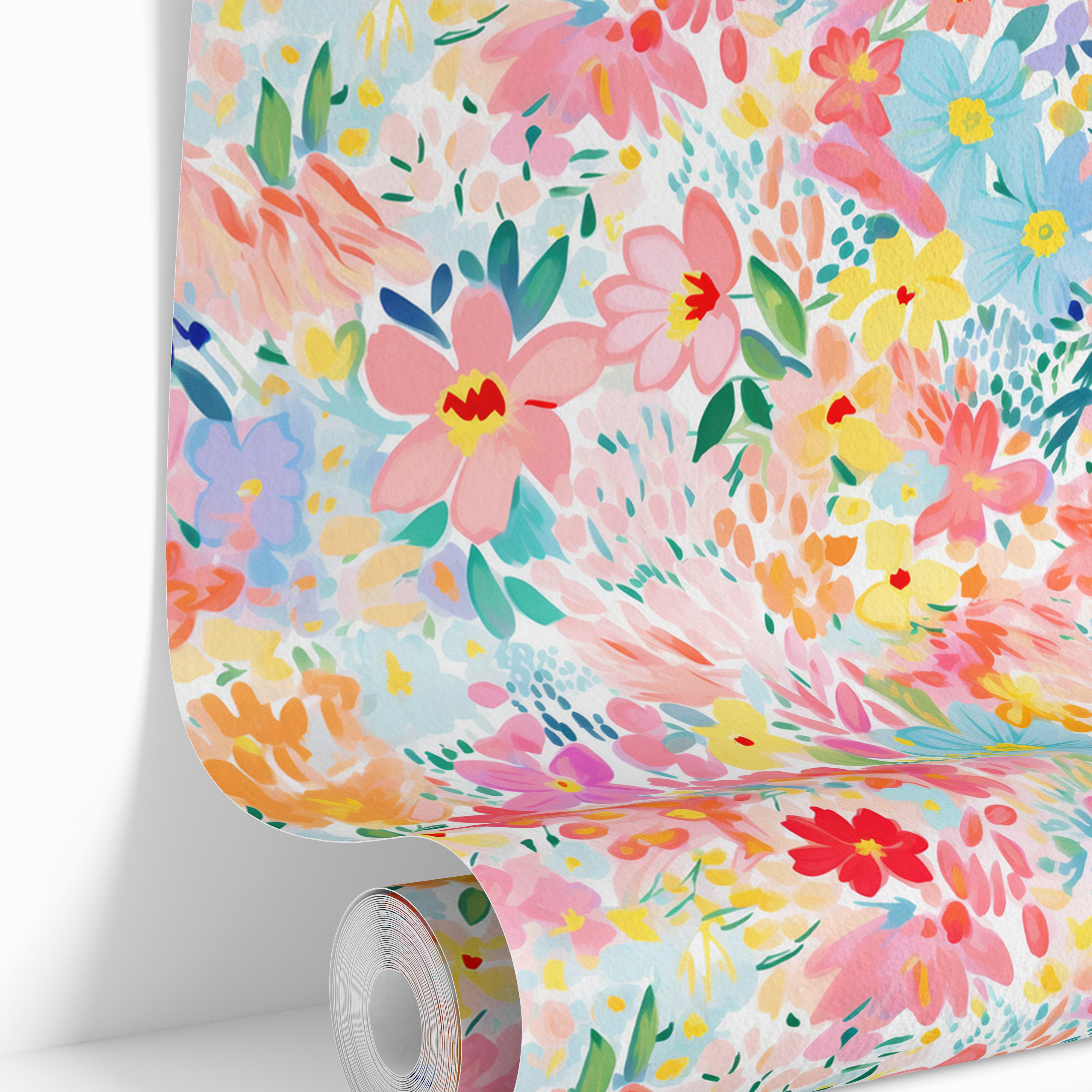 Wallpaper roll featuring the Bubblebloom Meadow floral pattern with colorful pastel painterly blooms.