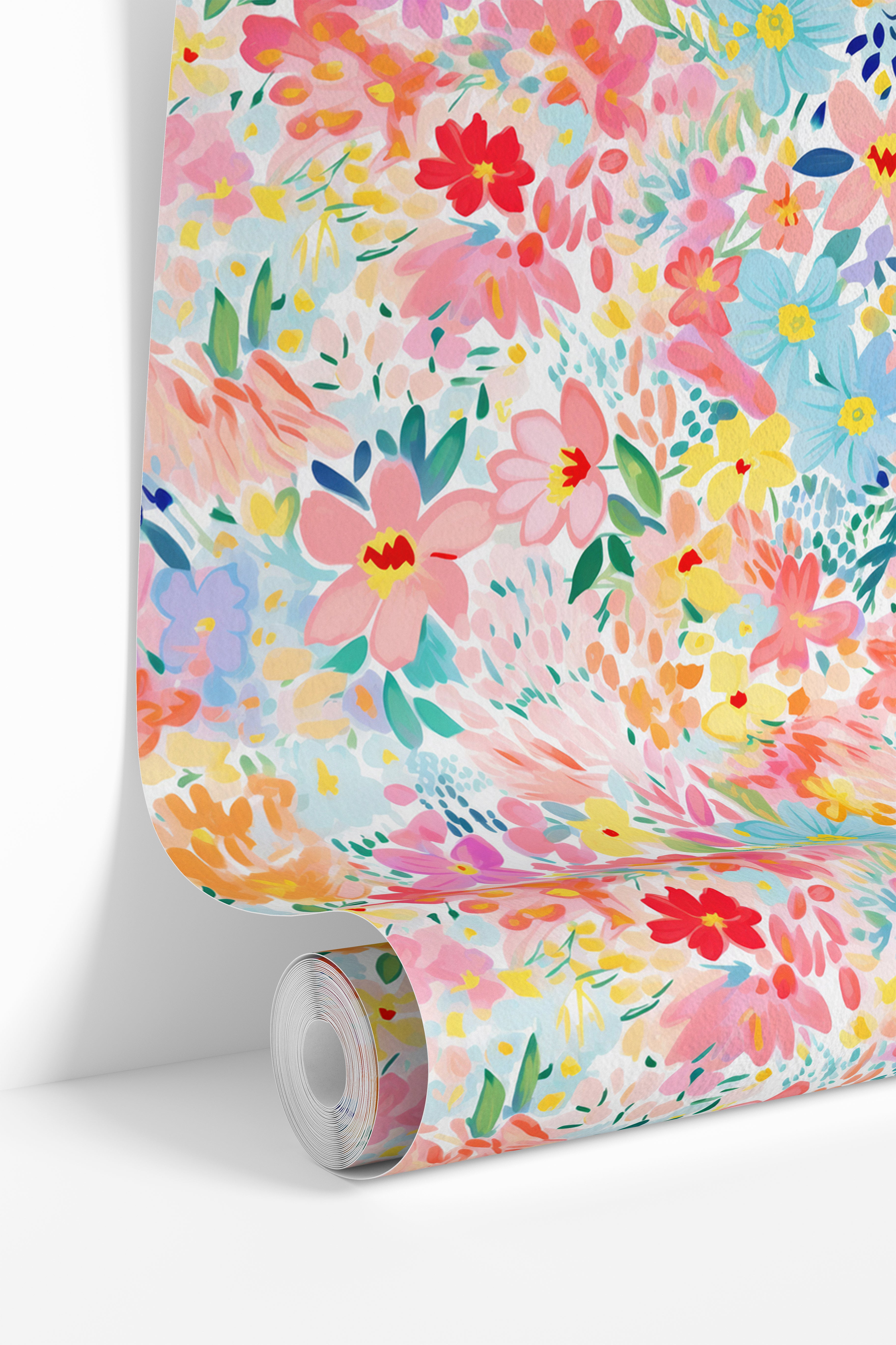 Wallpaper roll featuring the Bubblebloom Meadow floral pattern with colorful pastel painterly blooms.