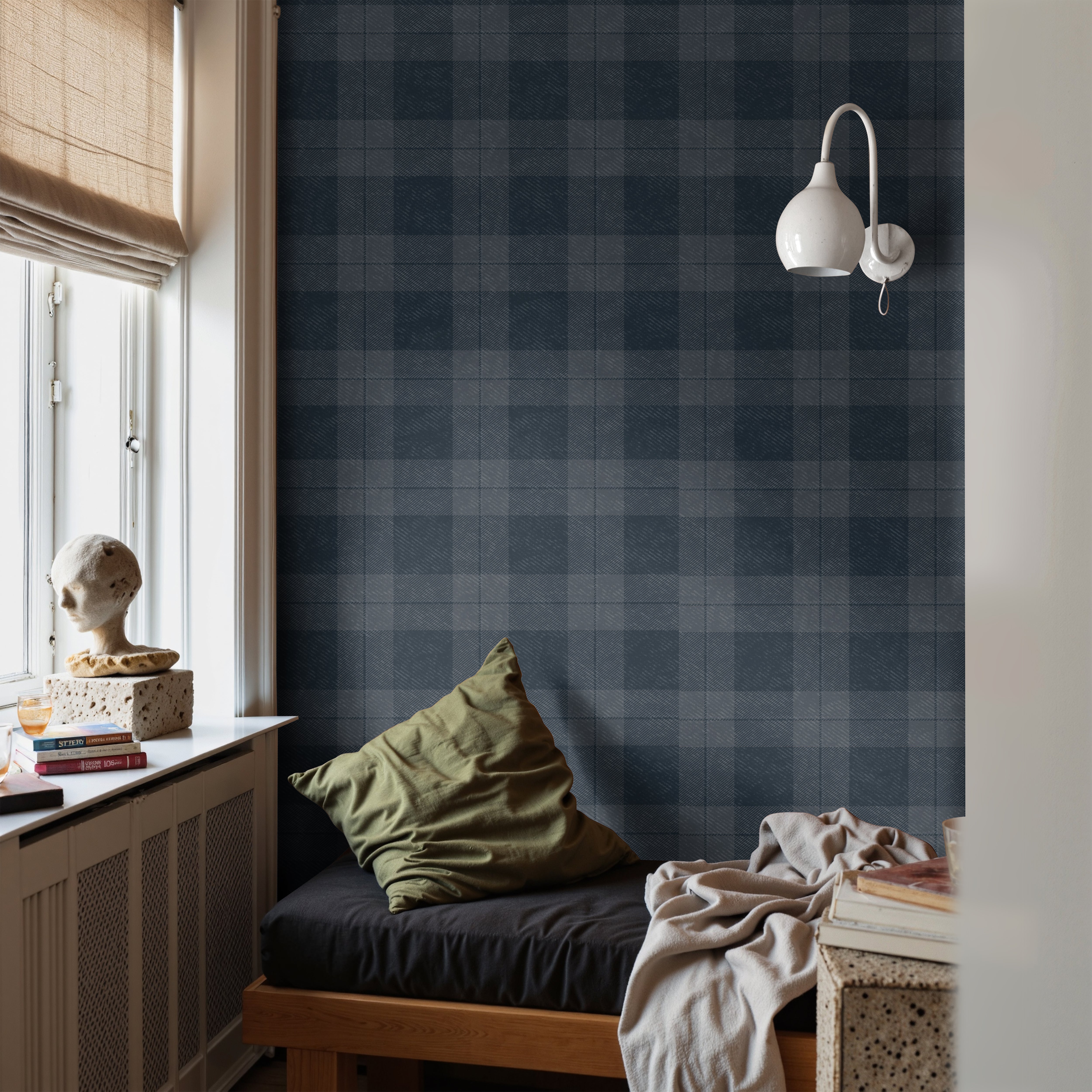 navy charcoal plaid wallpaper pattern in modern bedroom setting with soft lighting