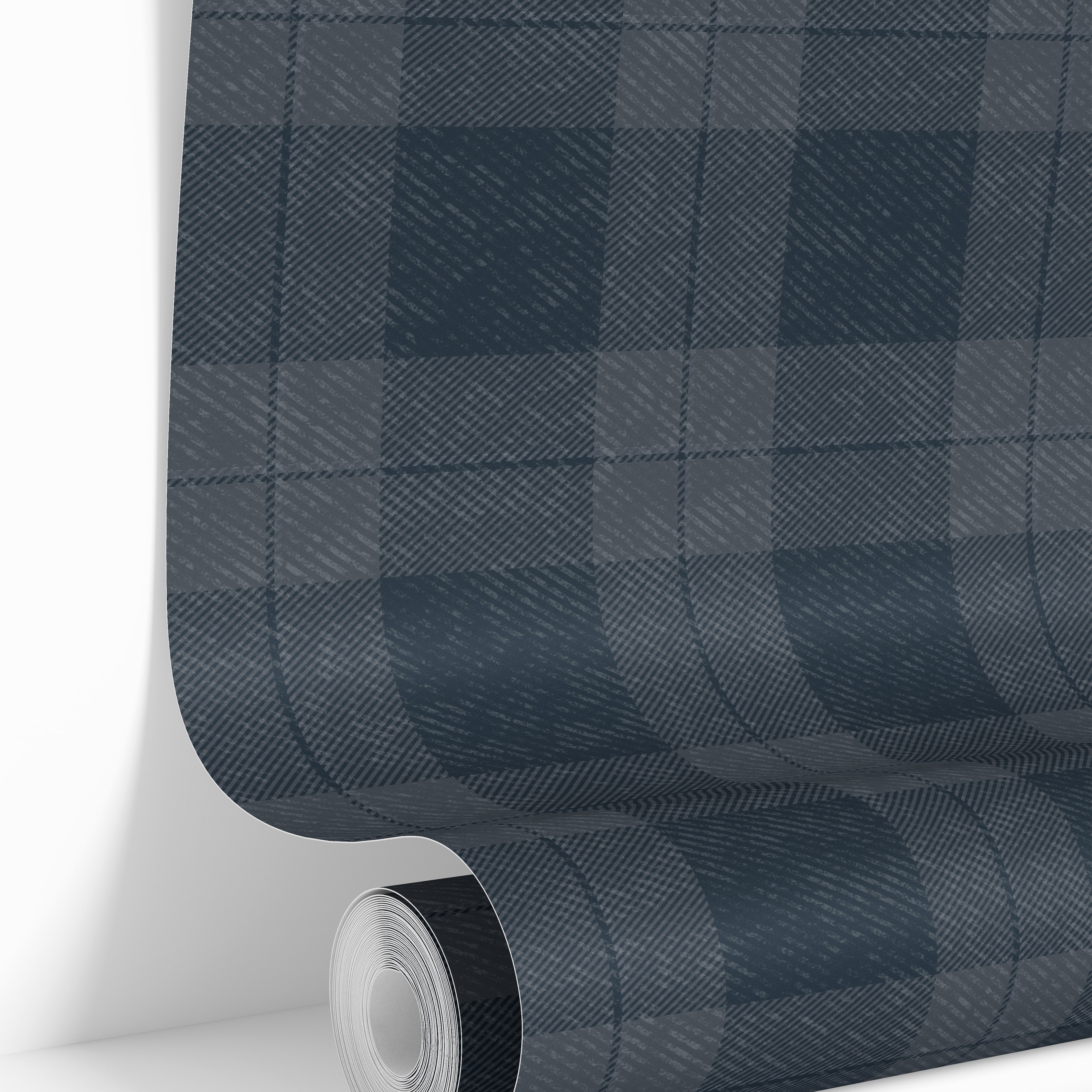 navy charcoal plaid wallpaper roll with textured woven pattern detail