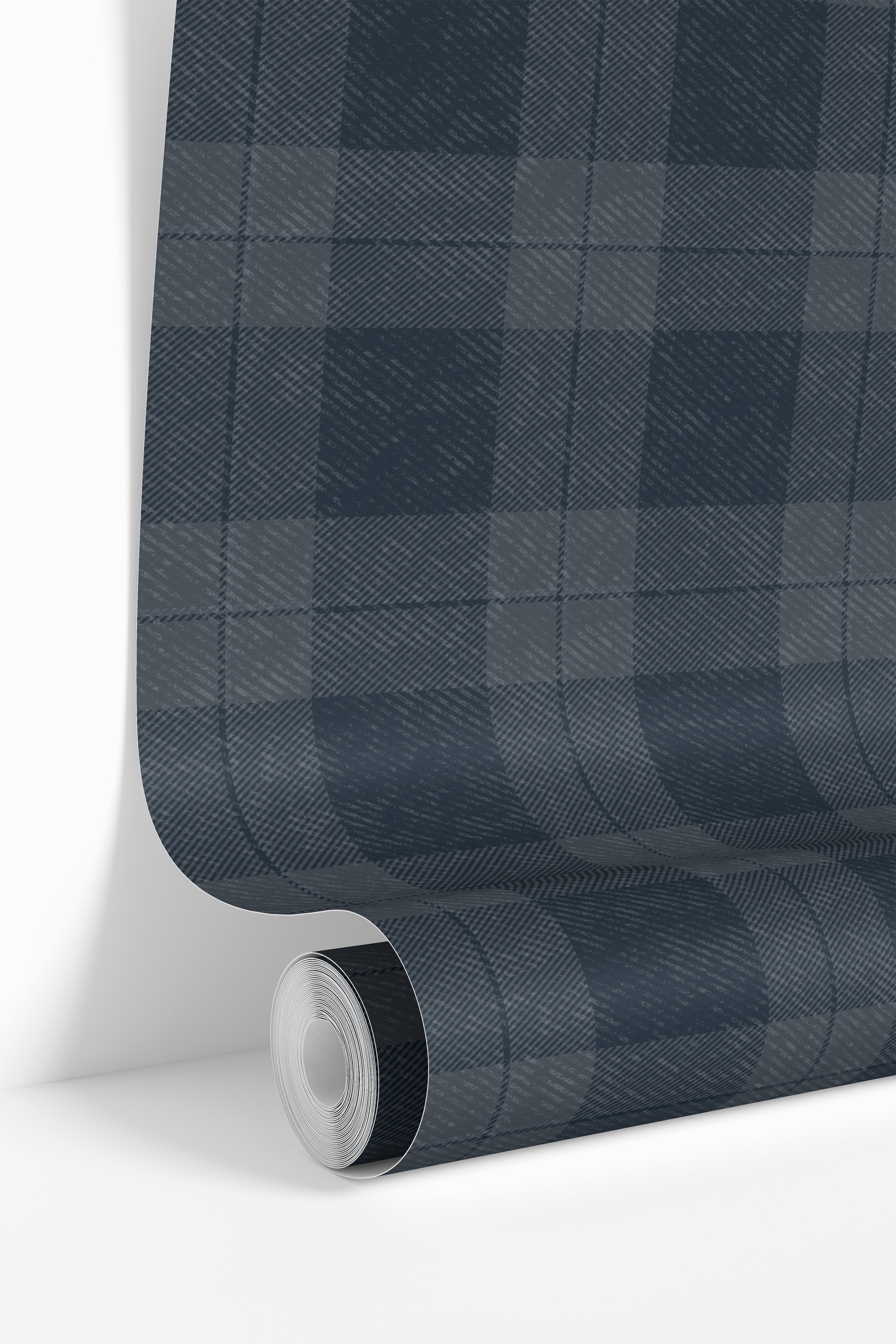 navy charcoal plaid wallpaper roll with textured woven pattern detail