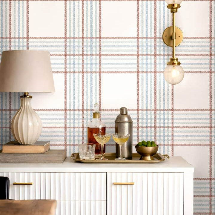Close up of cambridge blue plaid wallpaper with woven crossfield pattern