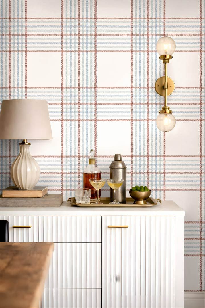 Close up of cambridge blue plaid wallpaper with woven crossfield pattern