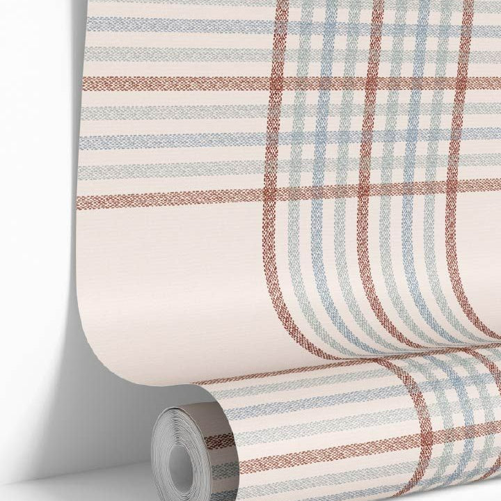 Rolled wallpaper showing cambridge blue crossfield plaid design