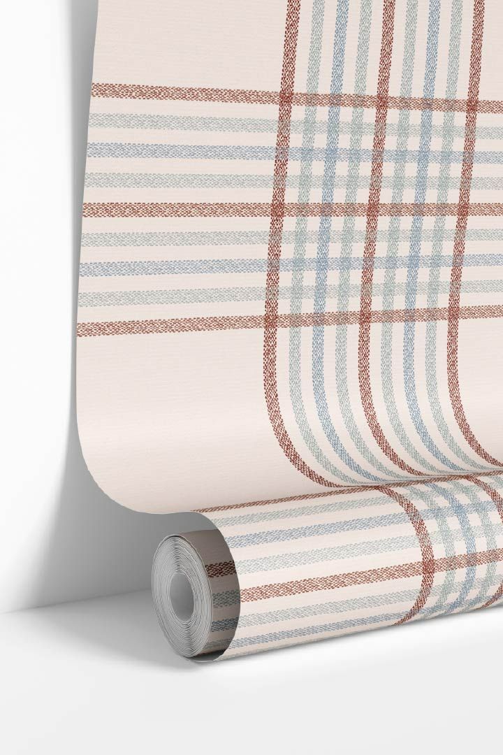 Rolled wallpaper showing cambridge blue crossfield plaid design
