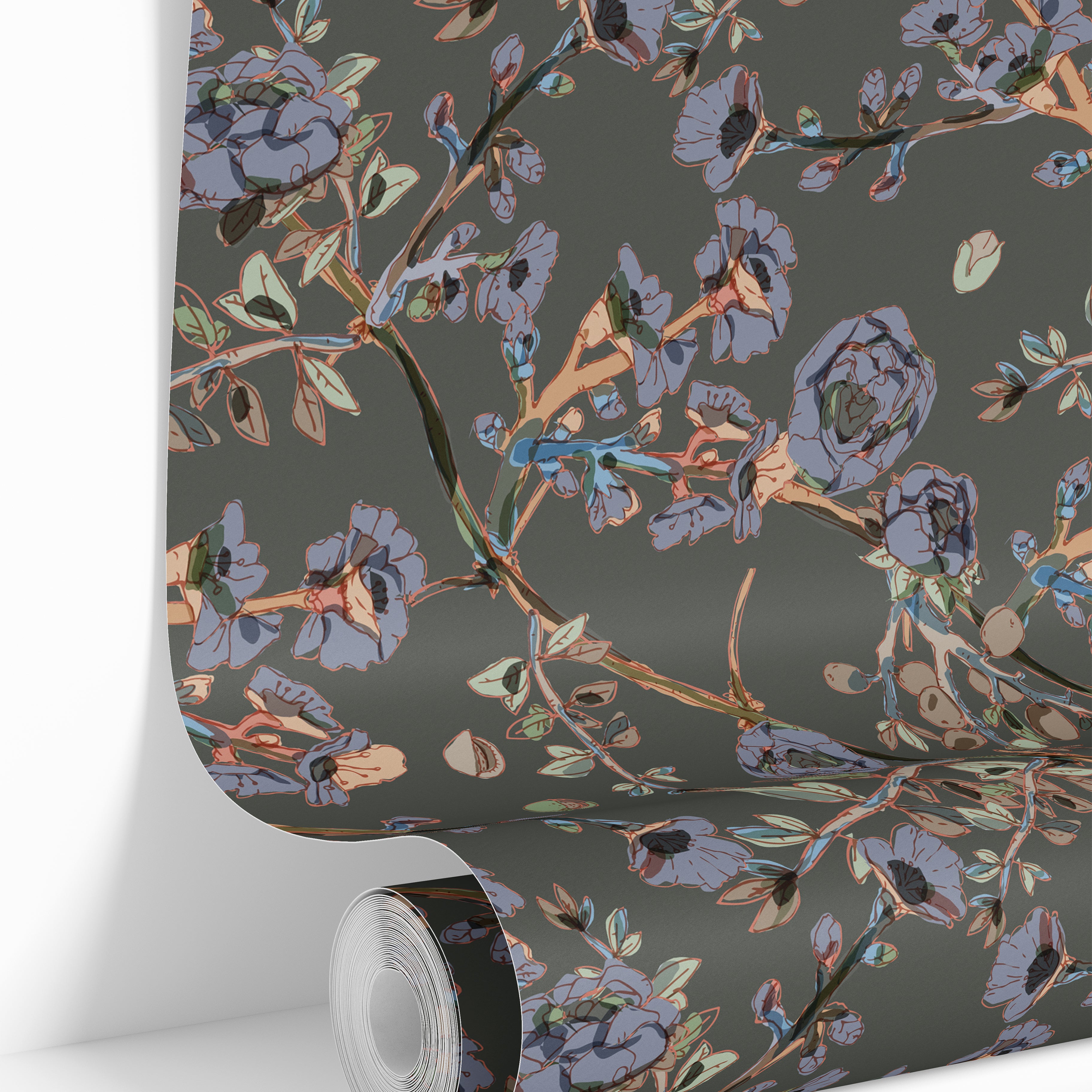 Roll view of moody botanical wallpaper with slate blue florals and olive branch detailing.
