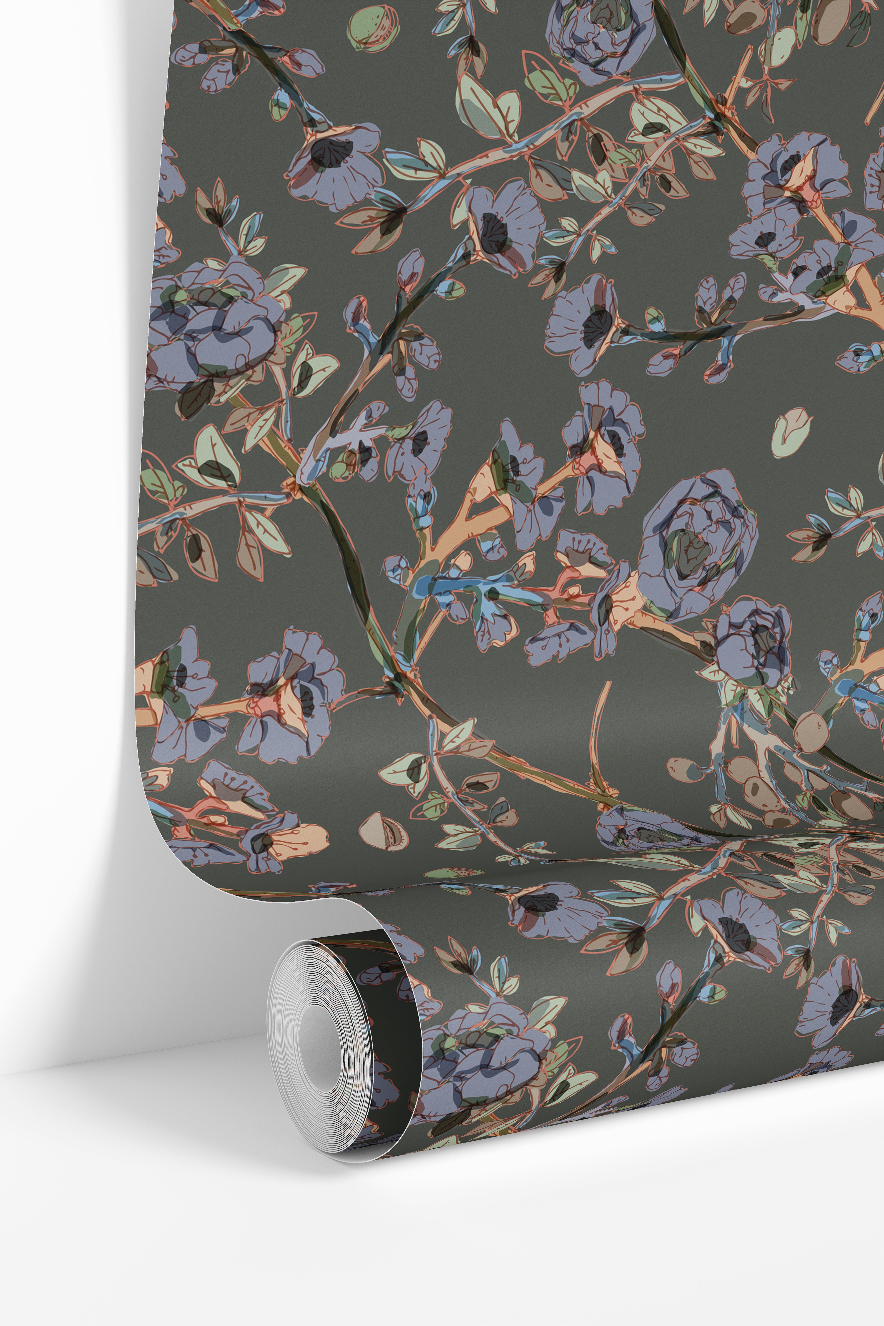 Roll view of moody botanical wallpaper with slate blue florals and olive branch detailing.
