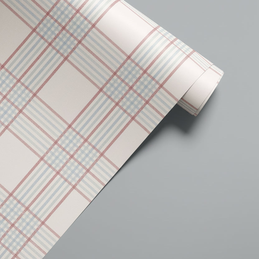 Vintage inspired plaid contact paper featuring muted blush and powder blue tones in a soft woven pattern layout.