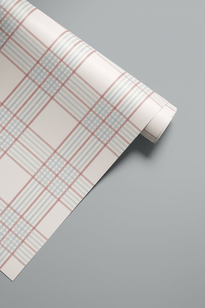 Vintage inspired plaid contact paper featuring muted blush and powder blue tones in a soft woven pattern layout.
