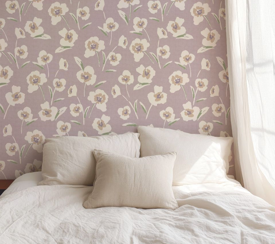 chantilly petals wallpaper styled bedroom with neutral decor