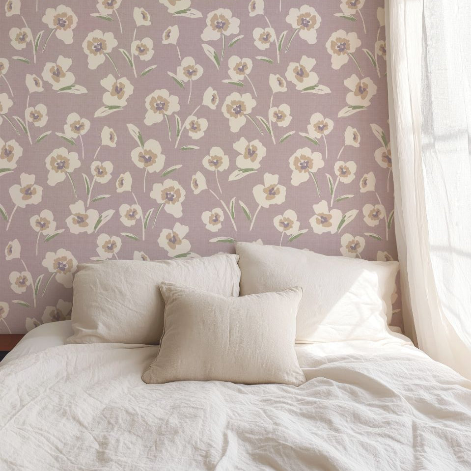 chantilly petals wallpaper styled bedroom with neutral decor