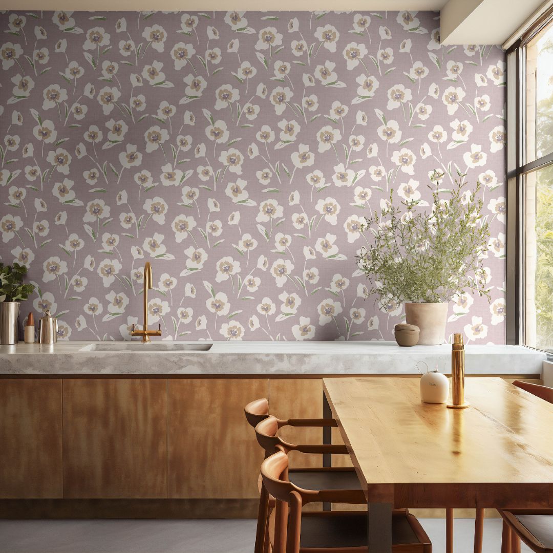 chantilly petals floral wallpaper in dining room with natural light