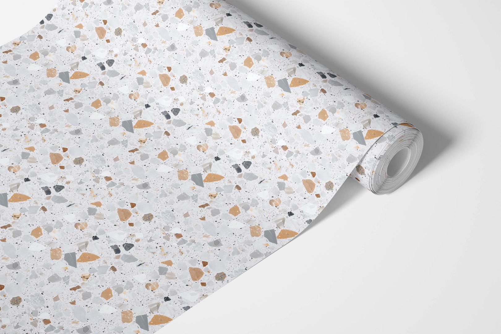 Roll of Cielo Terra Countertop Film featuring terrazzo-style pattern with stone-like speckles and smooth matte texture.