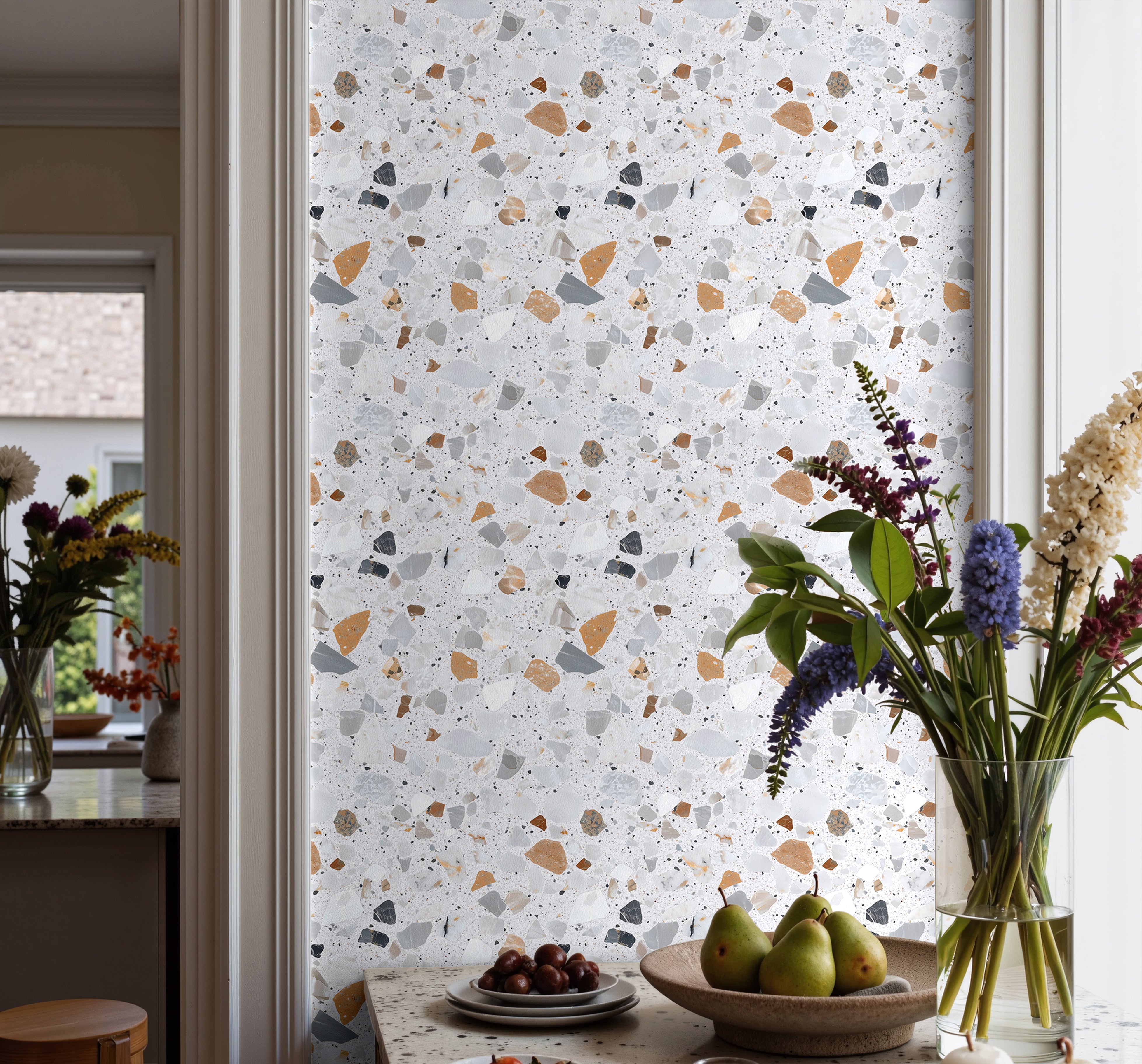 light terrazzo wallpaper with neutral stone pattern for kitchen and bathroom walls