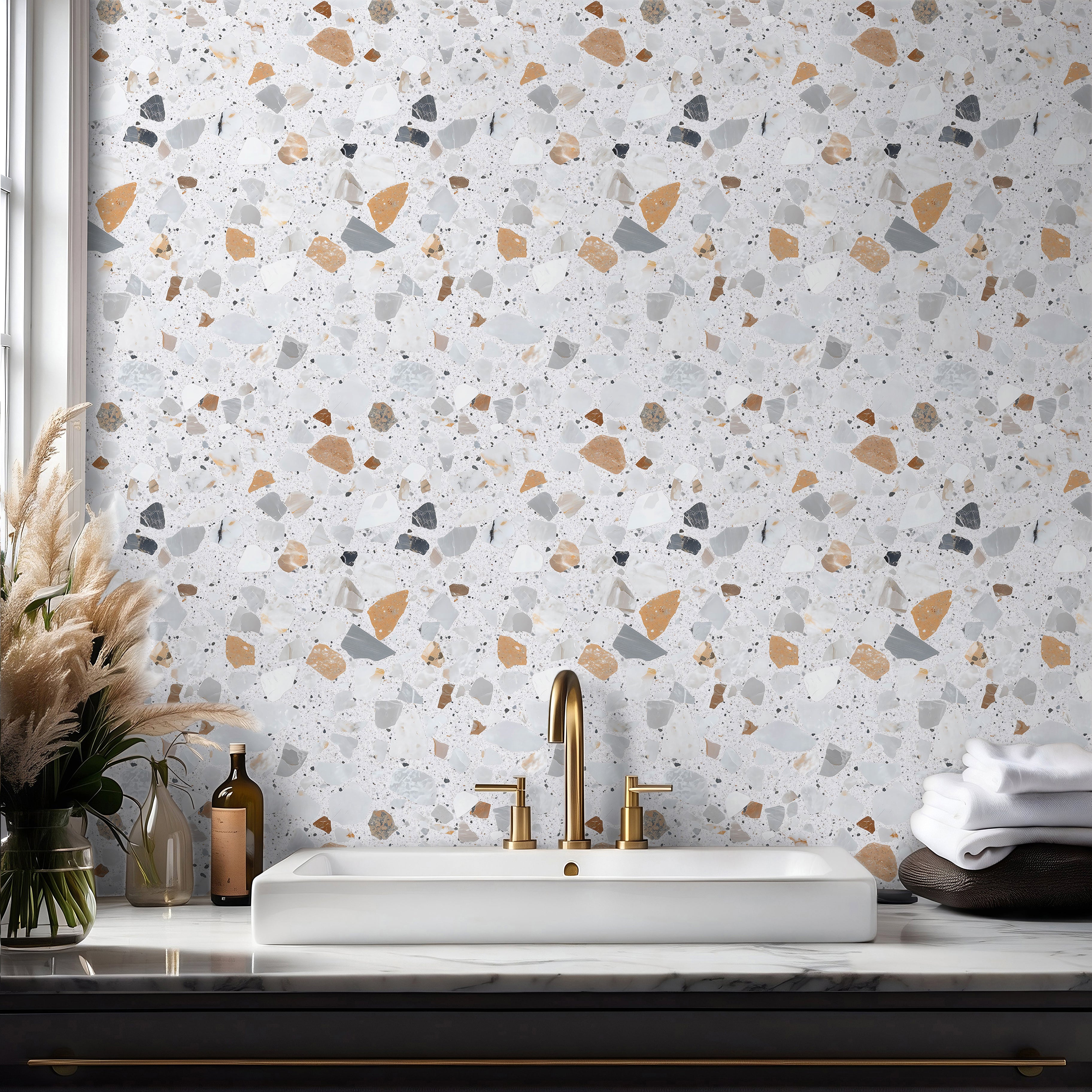 modern bathroom with light terrazzo wallpaper in soft neutral tones and stone texture design