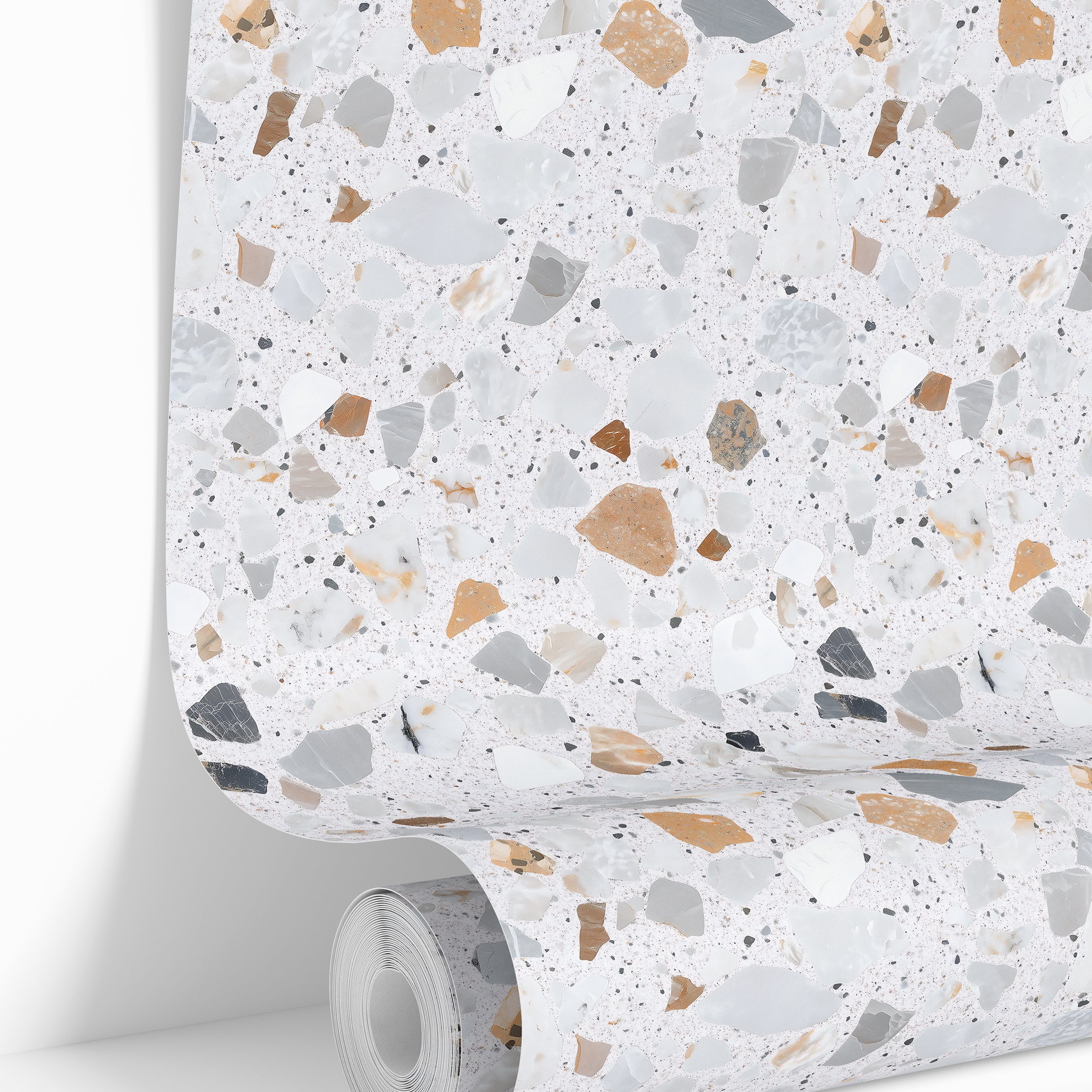wallpaper roll showing light terrazzo stone pattern for kitchen bathroom and accent walls